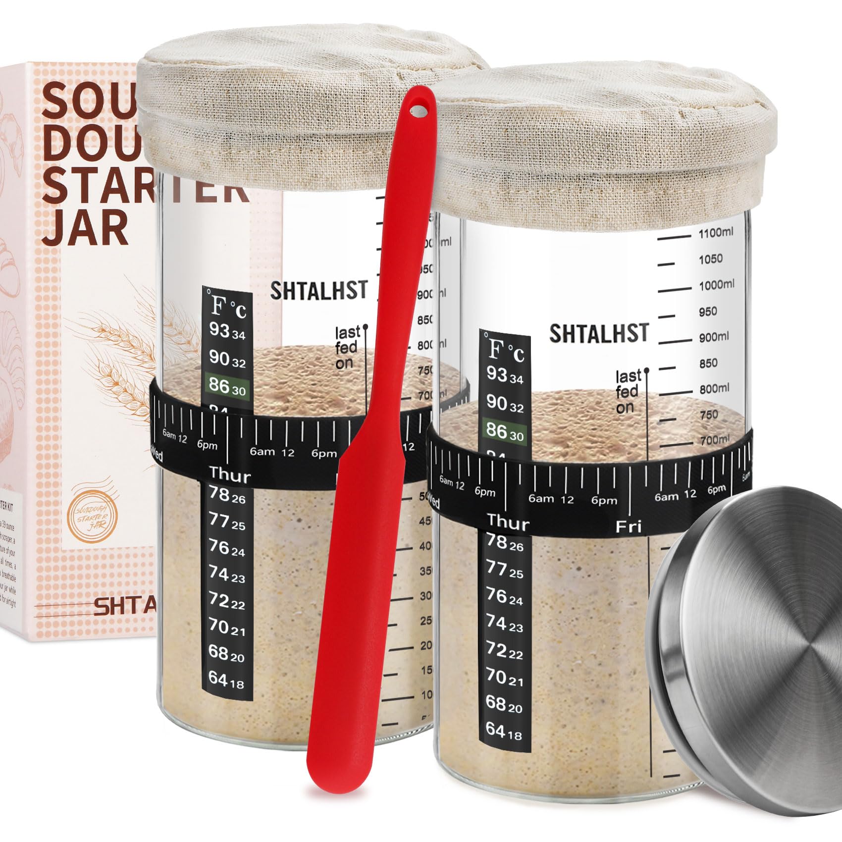 2 Pack Sourdough Starter Jar Kit-1100ml/39Oz, Sourdough Starter Kit, Sour Dough Starter Jar With Stainless Steel Lid, Thermometer, Silicone Scraper, Cloth Cover And Date Marked Feeding Band (2 Pack)