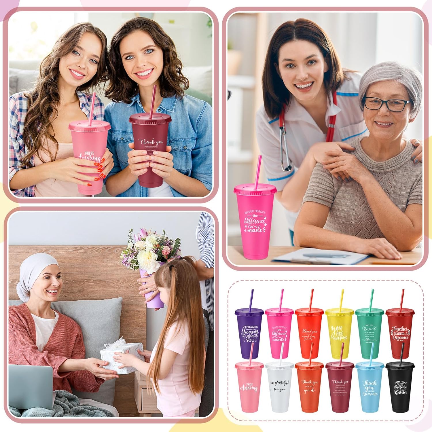 Shellwei 36 Pcs Employee Appreciation Gifts 24 oz Thank You Cups Bulk with Lids and Straws Inspirational Spiral Notebooks and Pens Plastic Reusable Cups for Housekeeping Week Christmas