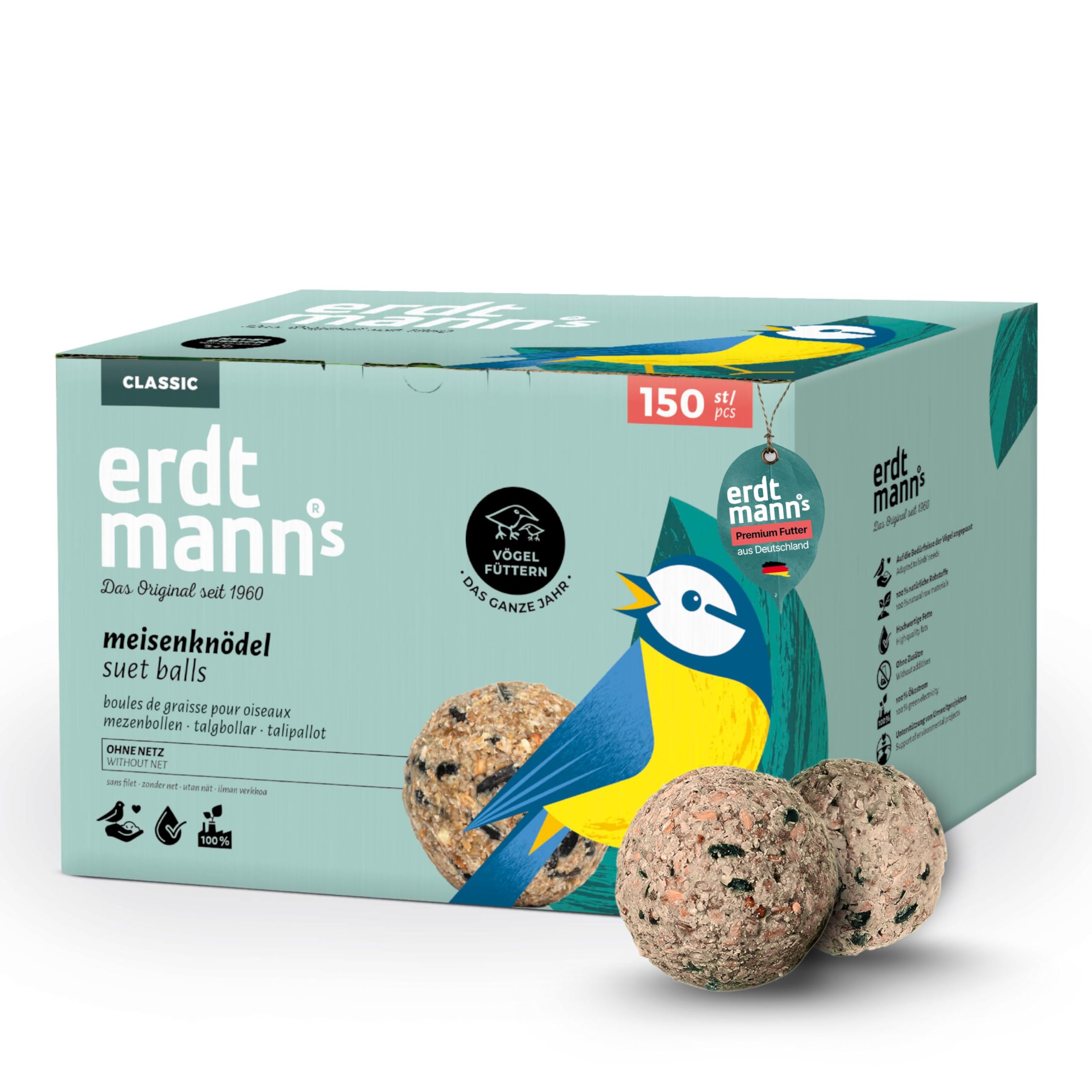 Erdtmanns - 150 kulek na sikorki bez siatki dla dzikich ptaków w kartonie I przyjazne dla środowiska I zróżnicowany skład I Łatwe wchłanianie pokarmu I dla ptaków śpiewających I Duża ilość
