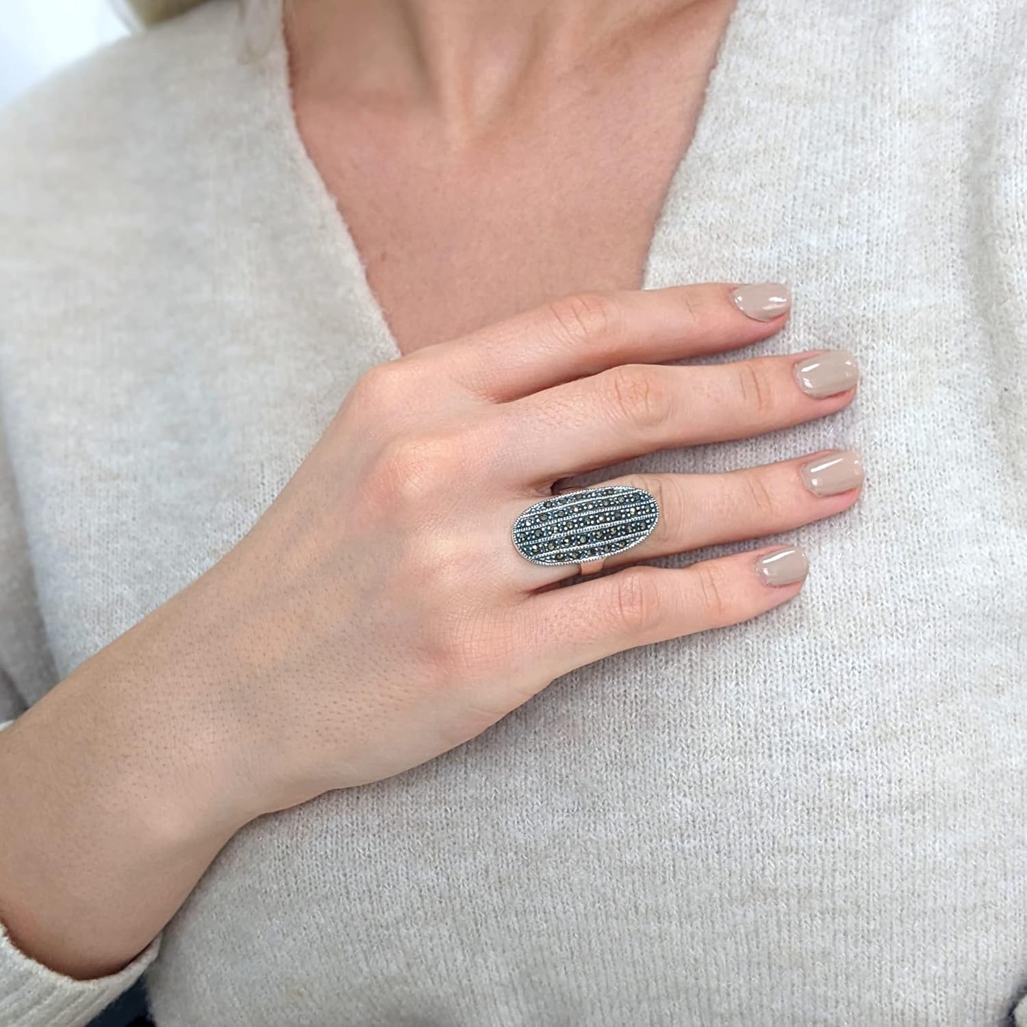 Silverly Marcasite Full-Finger Ring in 925 Silver - Sterling Silver Long Oval Armour Ring for Women - Modern Chunky Long Curved Design - Contemporary Gothic Statement Jewelry