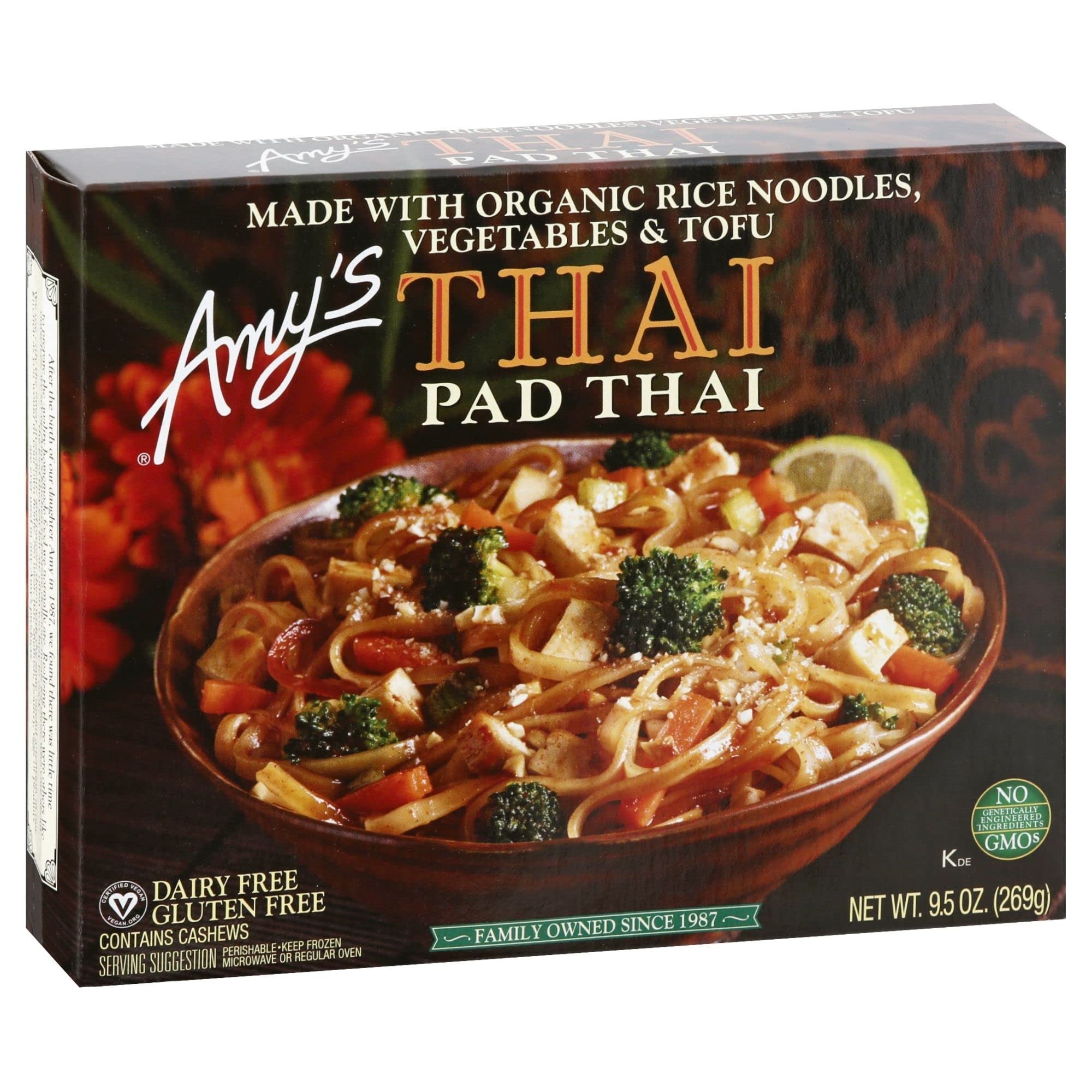 Amy's Frozen Meals, Vegan Pad Thai, Made With Organic Vegetables, Rice Noodles and Tofu, Gluten Free Microwave Meals, 9.5 Oz