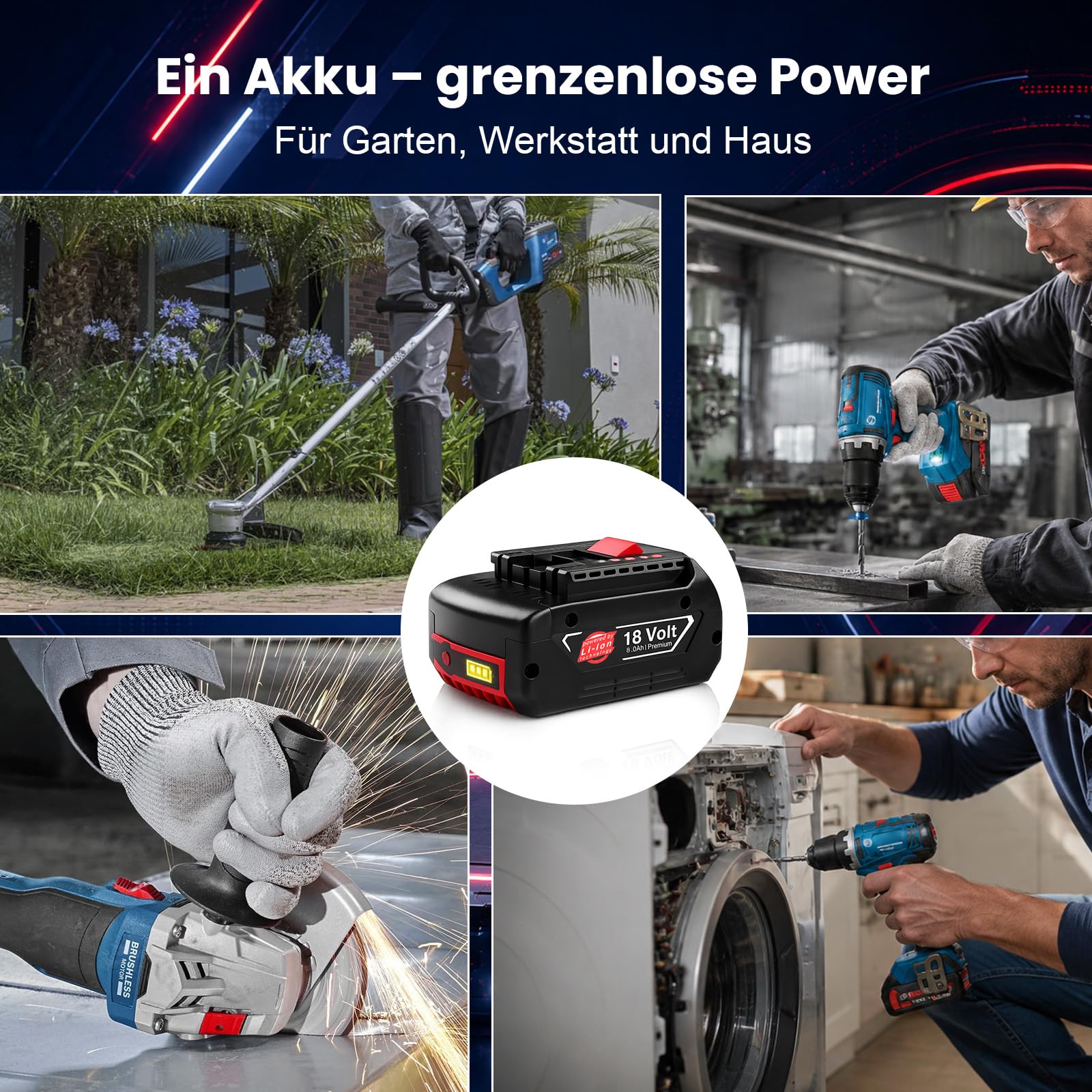 2 Stück 8Ah Lithium-Ionen Ersatzakku Kompatibel mit Bosch Akku 18V | Akku mit LED-Anzeige, für BAT618, BAT609, BAT619, BAT612, BAT622, BAT610, BAT609G, BAT619G, BAT618G und BAT610G