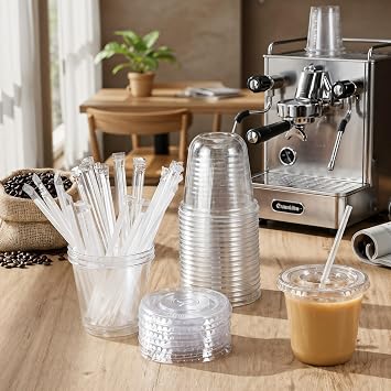 Ziliny 25 Sets Clear Plastic Cups with Lids and Straws, Disposable Iced Coffee Cups for Drinking, Cold Drinks, Juice, Smoothie, Pet Cup for Coffee Shops, Party, Christmas (10 oz)