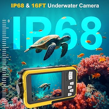 4K Underwater Camera 64MP Autofocus 16FT Waterproof Camera Dual-Screen Selfie 16X Underwater Camera for Snorkeling Waterproof Compact Floatable Digital Camera with 32GB Card,Yellow