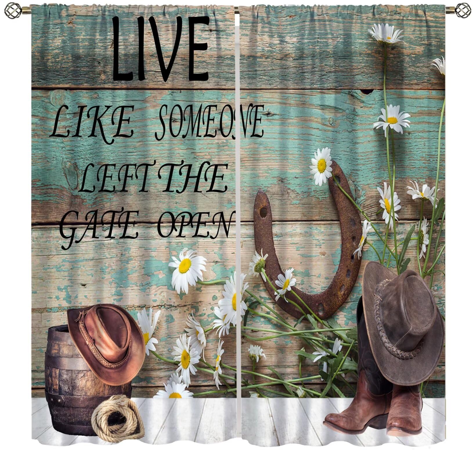 wlsgdsg Cowboy Curtain,Country Western Rustic Horseshoe Daisy Barn Wood Farm Window Treatments Curtains for Living Room Kitchen Cafe Bedroom Office Dining Room Drapes, 42x45 in