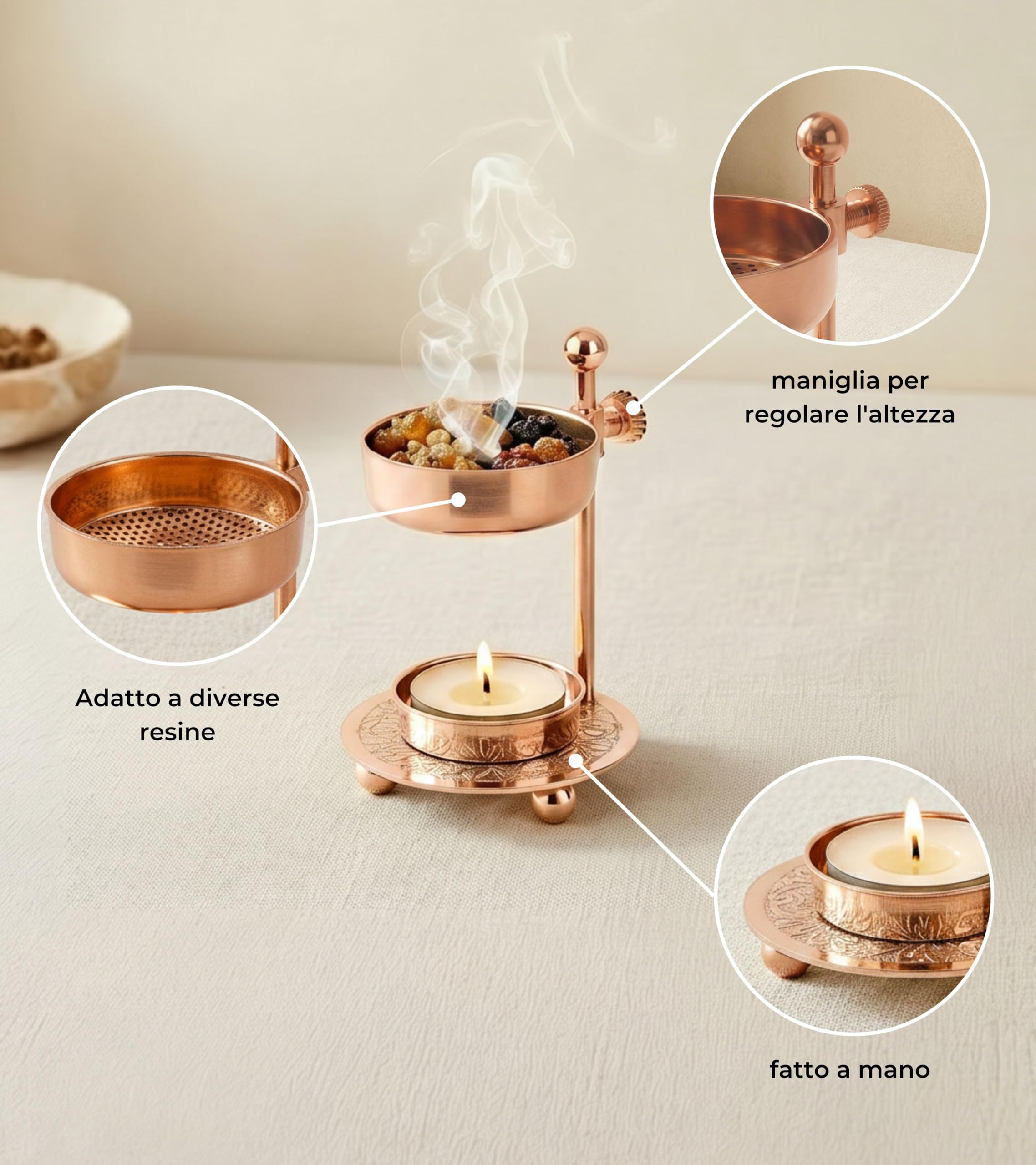Incensera Bruciatore con Colino in Oro Rosa – Porta Resine ed Erbe, Contenitore Robusto, Incense Burner, Accessorio per Affumicatura