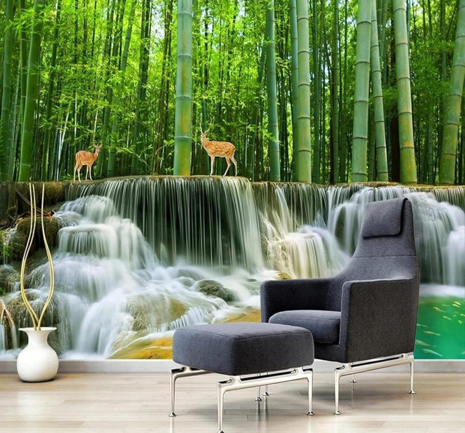 XLMING Fresh Bamboo Grove Waterfall Elk Landscape 3D Wallpaper Luxury Silk Study Dining Feature Sofa Grey Bedroom Living Room Tv Decorative Wall-430cm×300cm