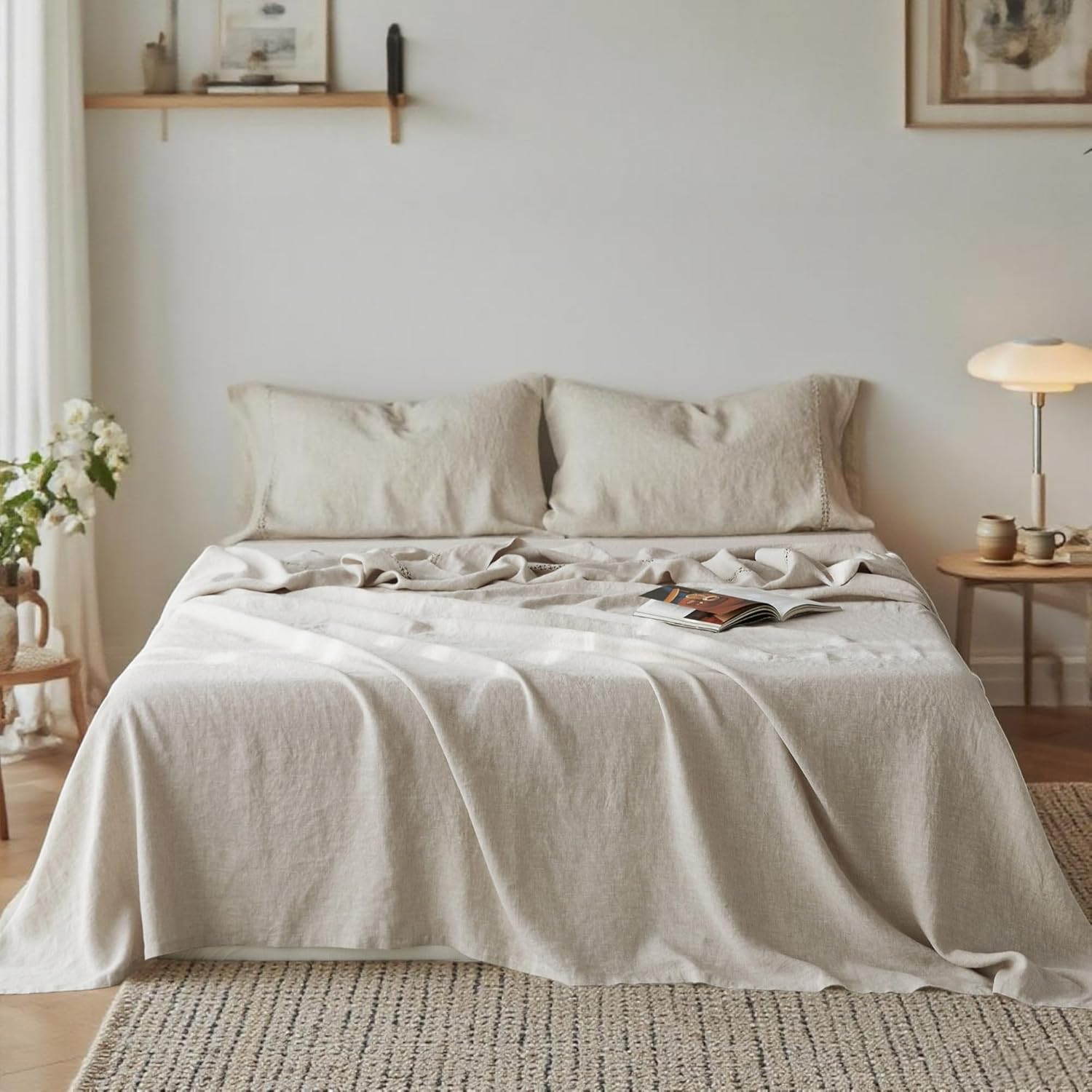 Simple&Opulence 100% Washed Linen Sheet Set-Natural French Flax Bed Sheet-4 Pc Breathable Soft Bohemian Chic Bedding (1 Flat Sheet,1 Fitted Sheet,2 Pillowcases) with Hollow Hemstitch-Knot Linen,King