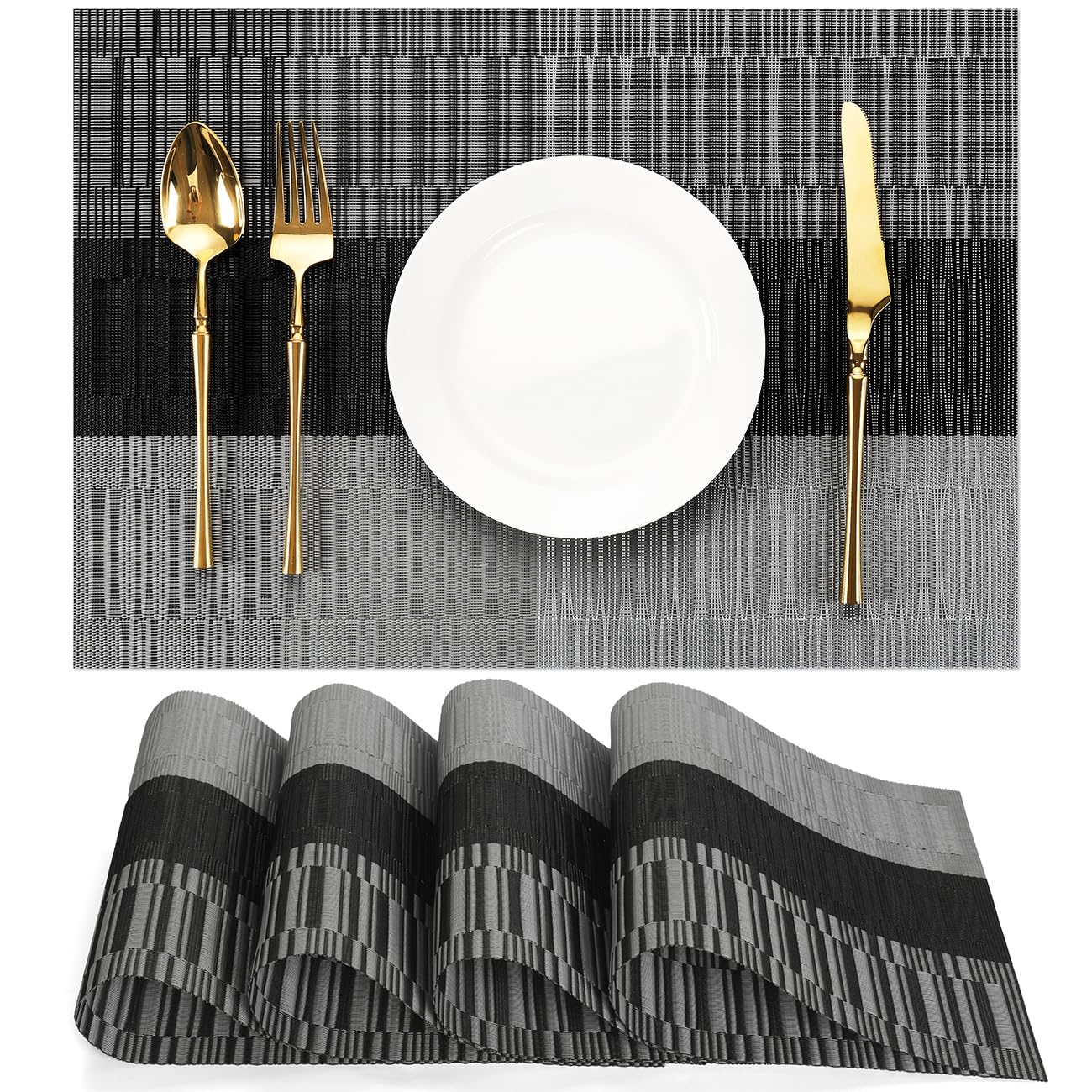 Chitomars Tischsets Abwaschbar 4er Set, Platzsets Abwaschbar PVC Hitzebeständig Tischset Outdoor Vinyl Gewebte Platzdeckchen für Häuser Restaurants Hotel Tischdekos(Grau Schwarz,4er Set)