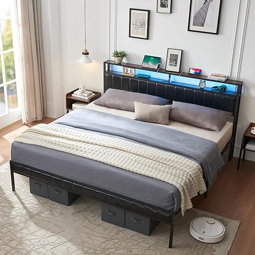 Miniatura 7 de AMERLIFE Base de cama de plataforma tamaño King, marco de cama LED con piel sintética y estación de carga, cabecera de almacenamiento de 2 niveles,