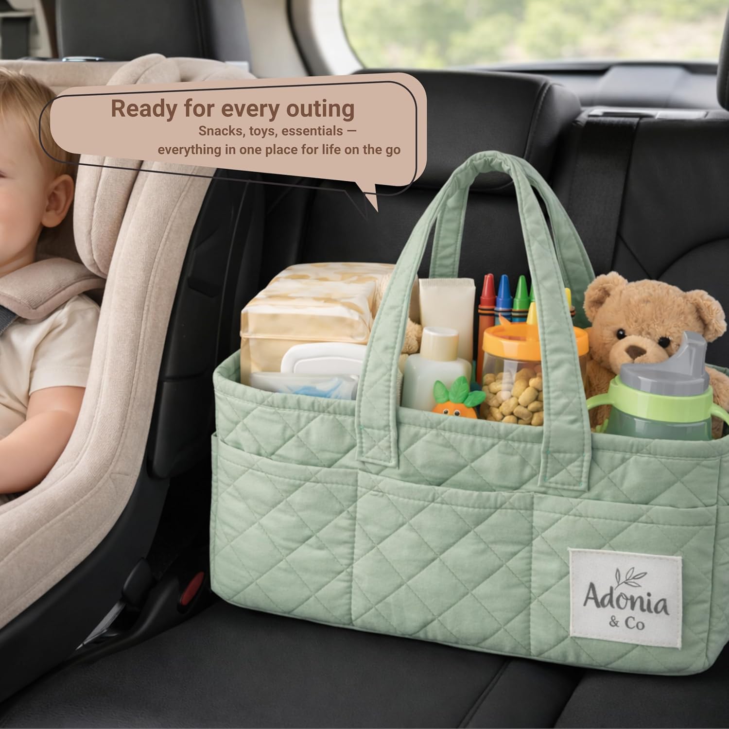 Adonia & Co Diaper Caddy Organizer – Nursery Storage Basket for Newborn Essentials Must Haves & Baby Must Haves – Portable, Machine Washable Baby Diaper Bag Organizer (Green)