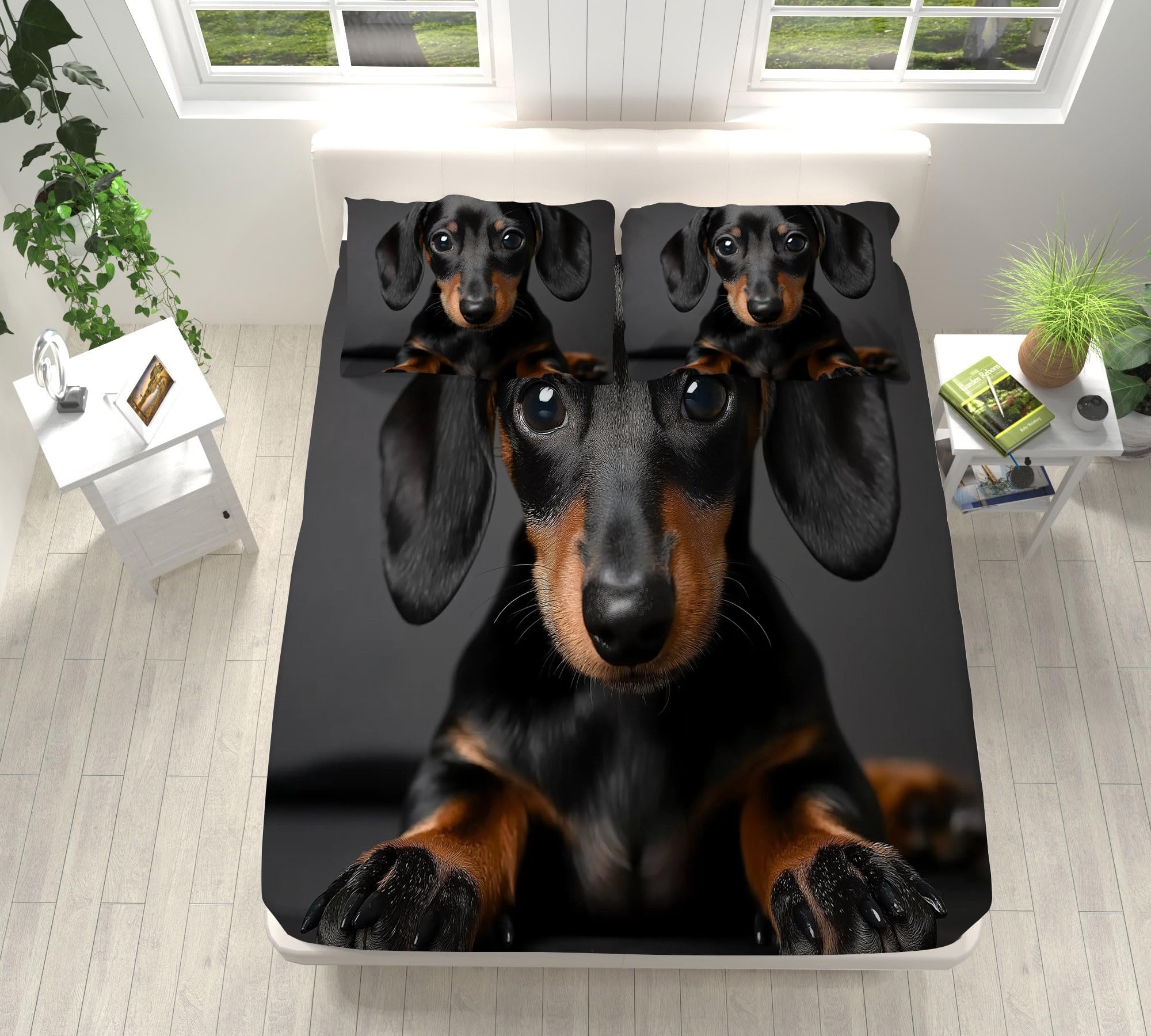 Fitted Sheet Black Microfibre Bedding 3PC Cute Dachshund Close-Up Printed Fitted Sheet 100% Microfibre Extra Deep Fitted King Bed Sheets with 2 Pillow cases