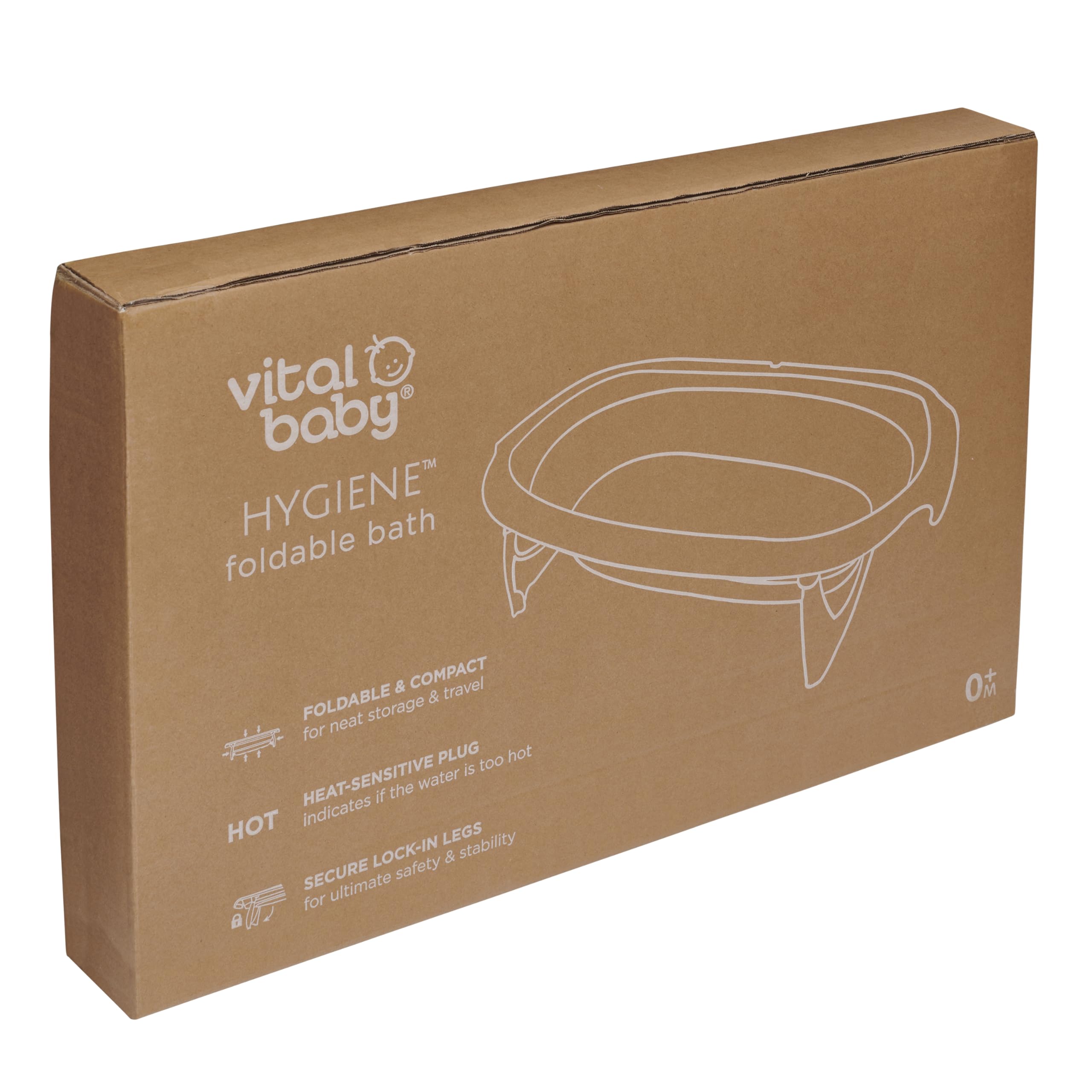 Vital Baby Hygiene Faltbare Babywanne mit wärmeempfindlichem Stöpsel – Kompaktes Klappdesign, stabile Feststellbeine, eingebauter Stöpsel warnt vor heißem Wasser, einfaches Ablassen, ideal für