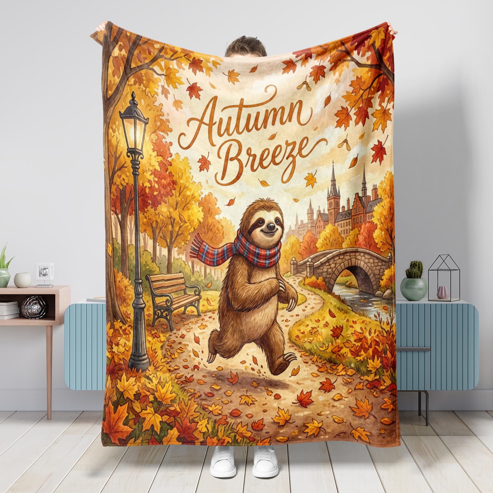 Couverture d'automne motif paresseux en flanelle chaude pour cadeau