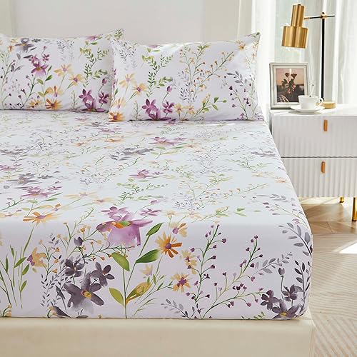Miniatura 3 de Brandream Juego de sábanas elegantes de estilo jardín con diseño floral de acuarela, tamaño Queen, colección de ropa de cama de lujo de 800 hilos,