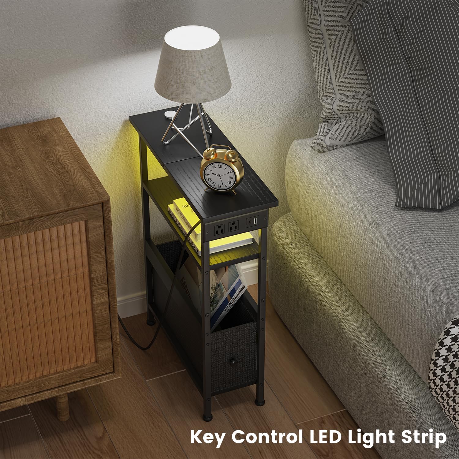 Creso hom Narrow Side Table with Charging Station and LED Light, Small End Table with 1 Fabric Drawer, Skinny Nightstand with USB Ports & Type-C, Slim Side Table for Bedroom, Living Room, Black