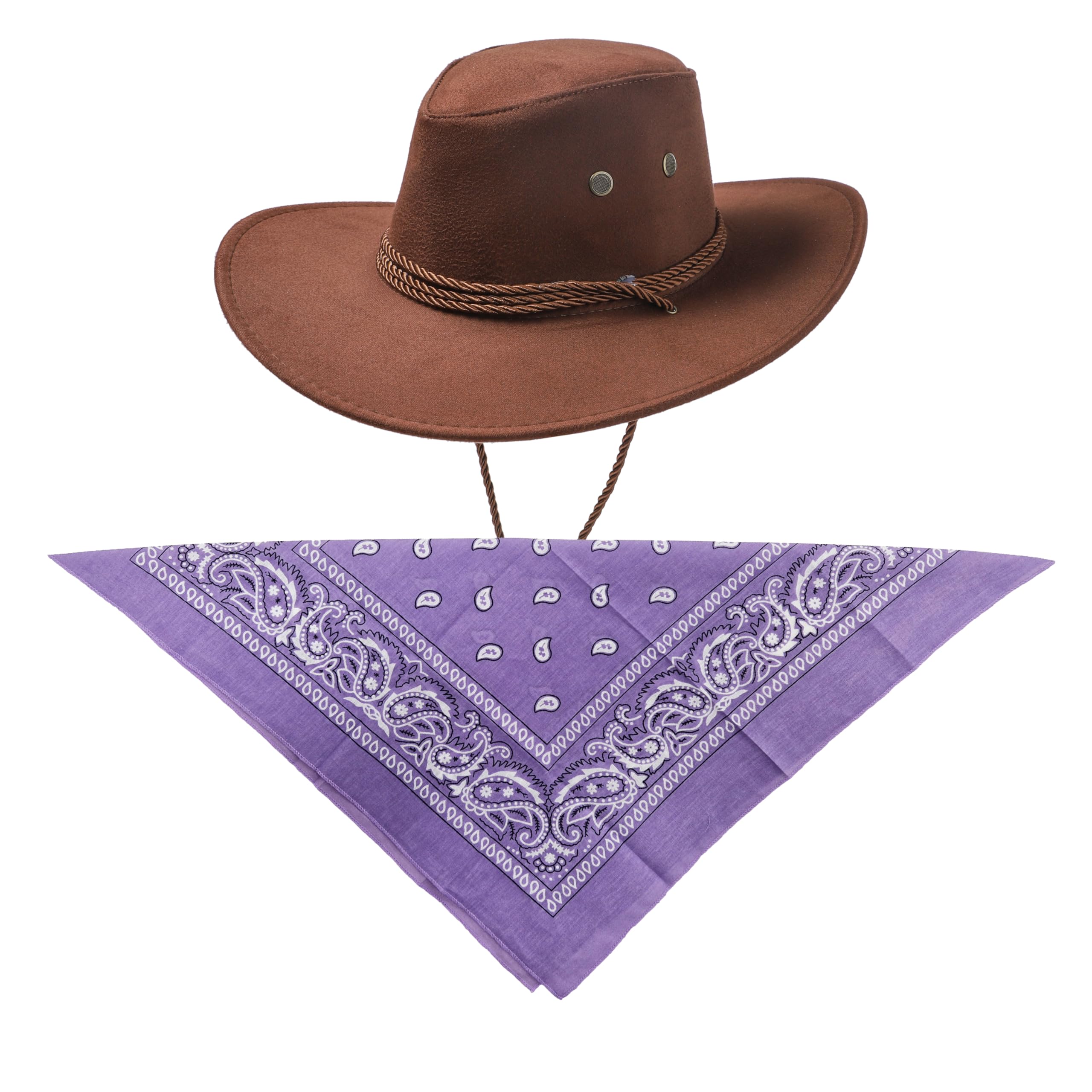 Komonee Dark Brown Cowboy Hat and Lilac Bandana Western Sun Cap Faux Felt Leather Suede Fancy Dress Party Costume Outfit Neckscarf Sun Protection Mens Womens