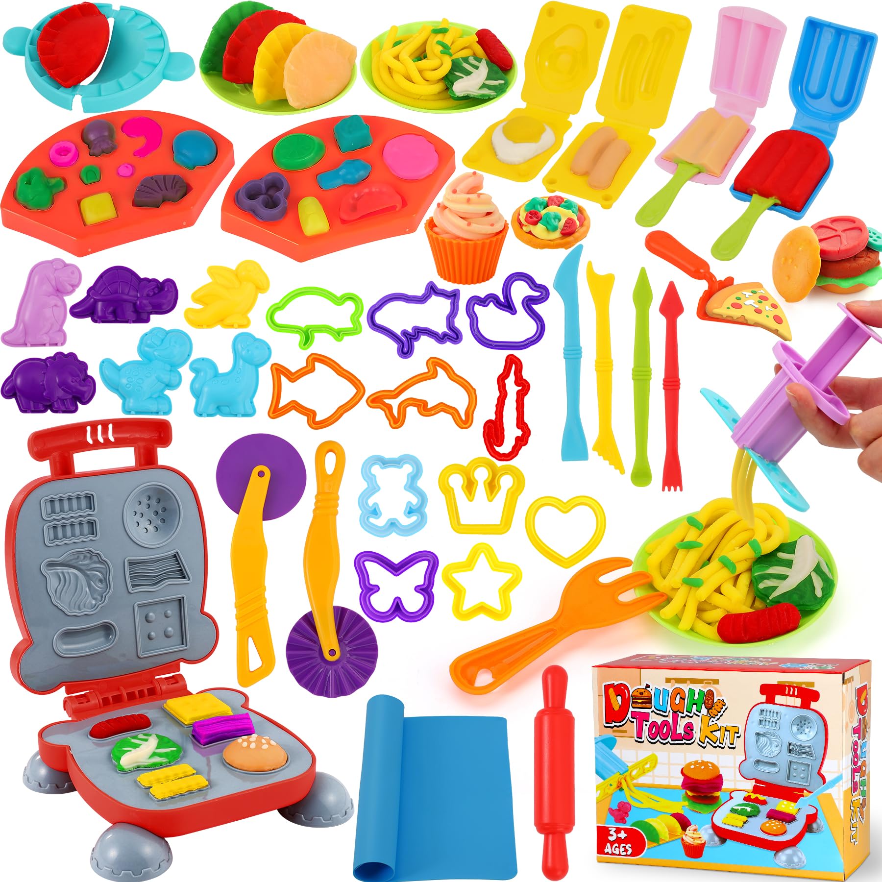 Ophy Knete Zubehör - 54 Stück Knete Set Gehören Hamburger-Maker, Knet e-Werkzeuge, Eismaschine, Nudeln, Pizza Knetwerkzeug für Kinder Küchenspielzeug Kitchen Creations Spielzeug Geschenk für ab 3