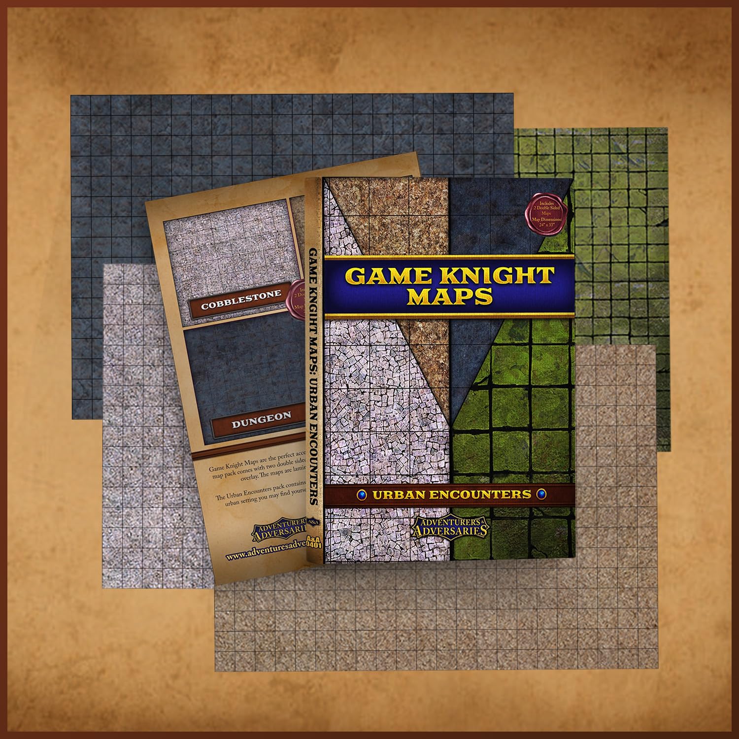 Adventurers and Adversaries - Tapete de mapa de encuentros urbanos de Game Knights - Mapa de batalla laminado brillante de doble cara, mapa de mesa para juegos de rol, superposición cuadriculada de 1