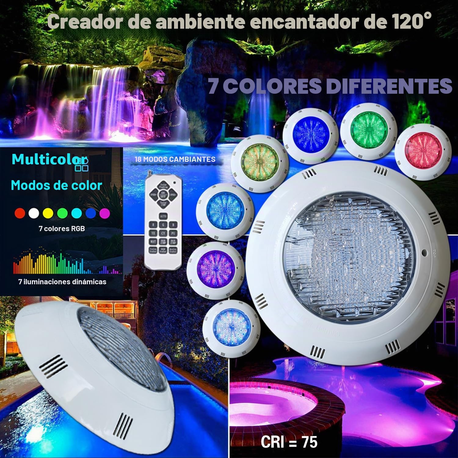 BARCELONA LED Foco LED para piscina RGB 24W 12V AC Sumergible con mando a distancia IP68 Luz de colores para piscinas, fuentes y áreas acuáticas, montaje en superficie, alta durabilidad y eficiencia