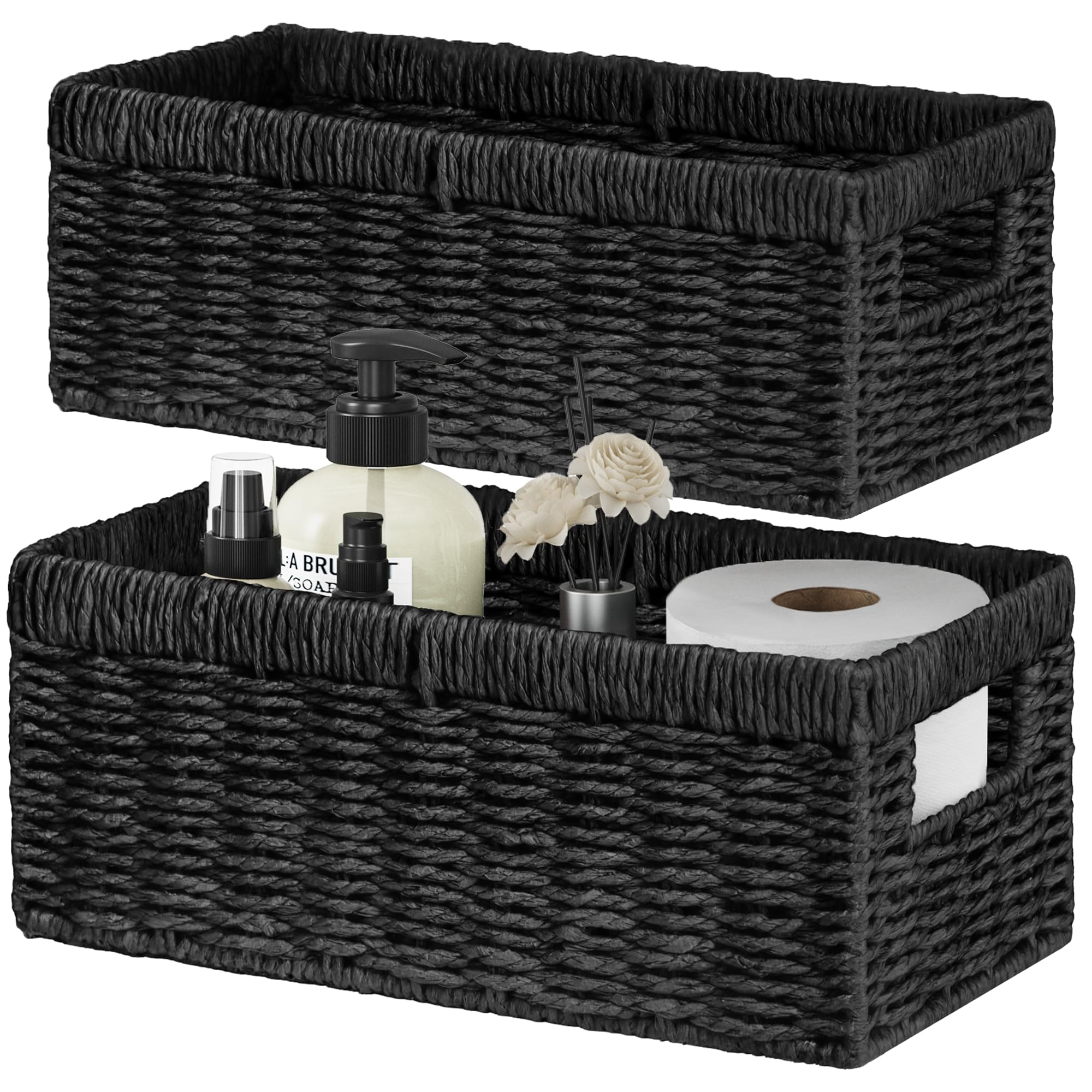 Vagusicc Wicker Storage Basket, Set of 2 Handwoven Storage Baskets for Shelves, Organiser Storage Basket with Handles, Toilet Paper Basket, Shelve Basket Toys Gift Hamper for Bathroom, Black, S&M