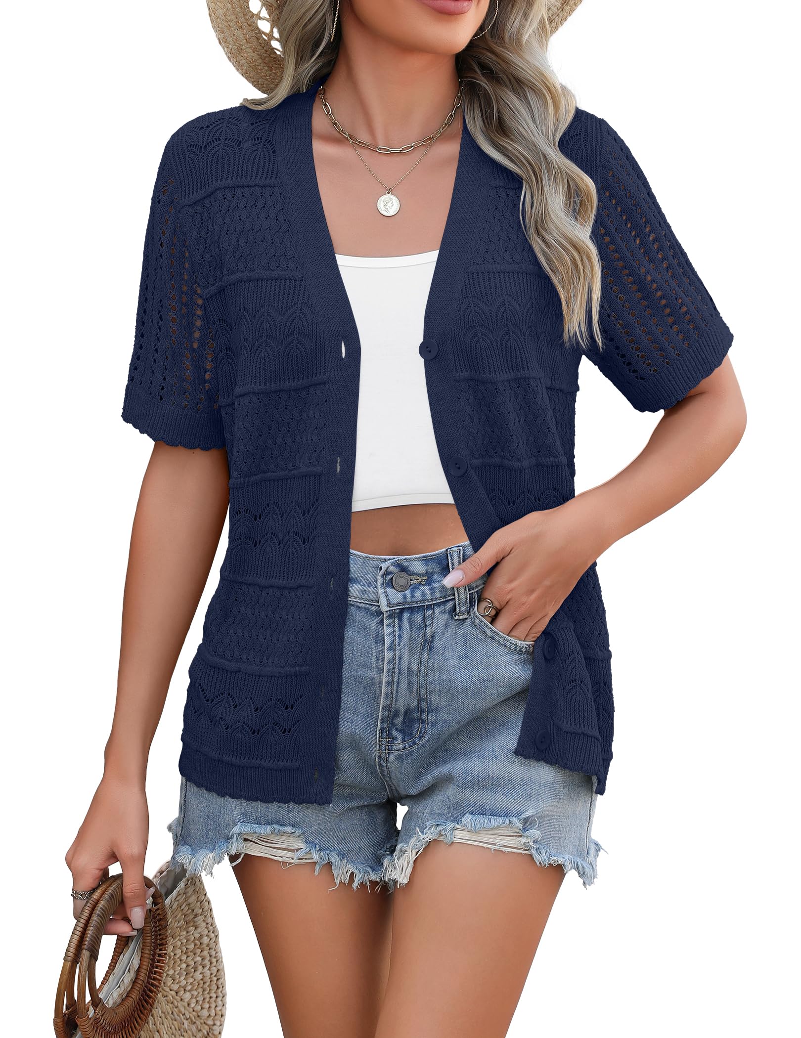 Zeagoo Women's 2026 Summer Short Sleeve Crochet Cardigan V Neck Cropped Lightweight Button up Bolero Shrug Sweater