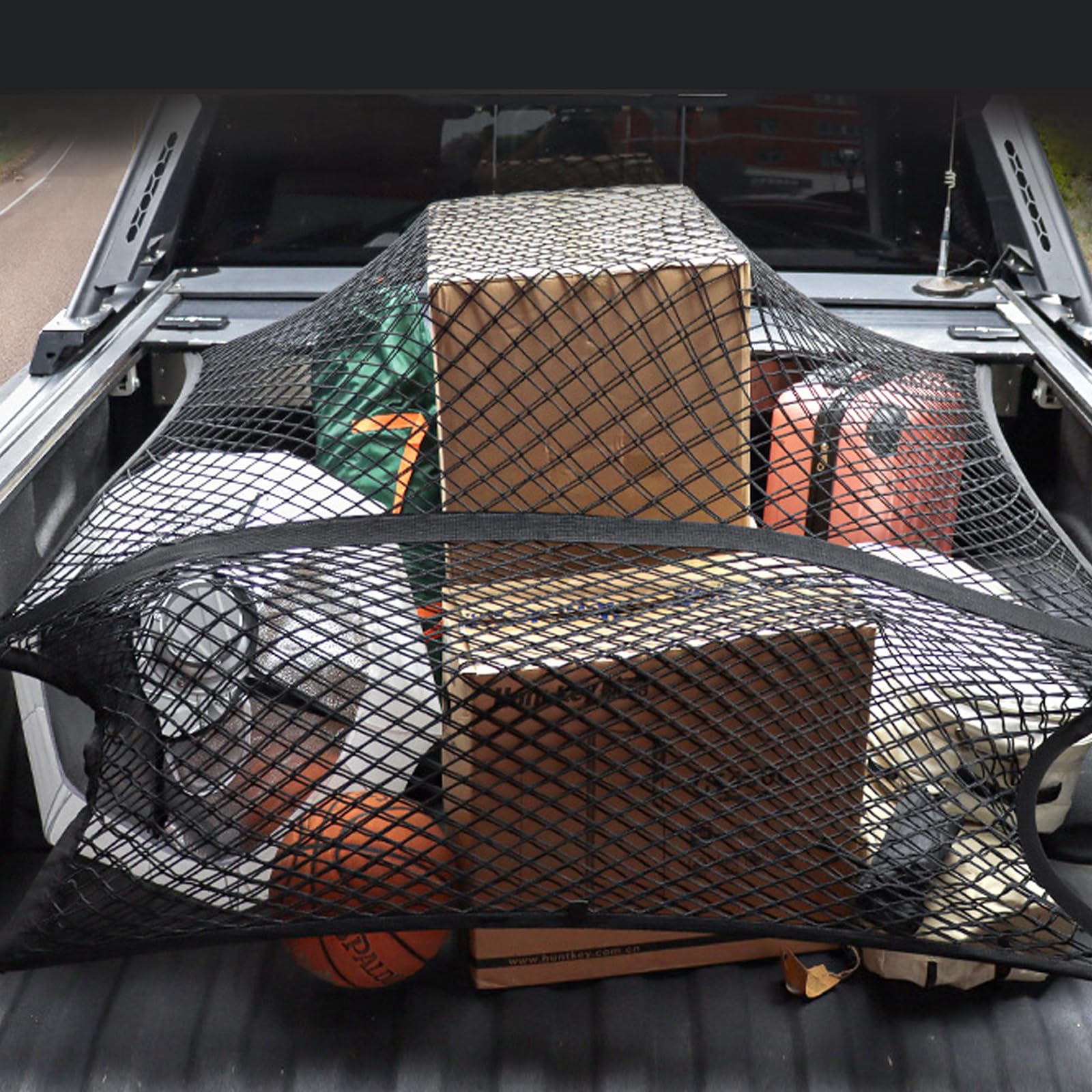 Filet de Chargement pour Camion Extensible 1.1x1.1à 2.2x2.2 m, Filet pour Galerie de Toit,Filet de Cargaison hautement élastique avec 6 Crochets,Organiseur Simple en Maille(Double Couche)
