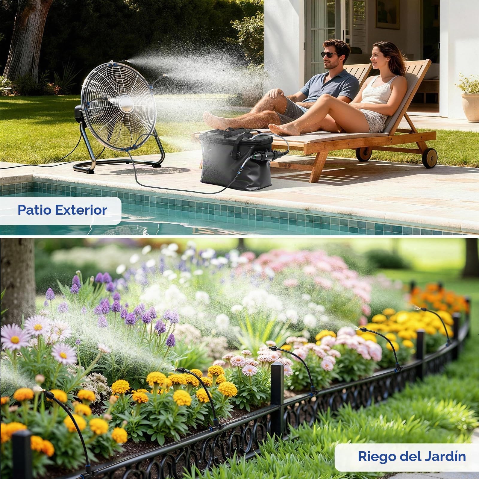 Sistema de rociado portátil para terraza exterior – Neblina para enfriamiento de terraza, sistema de neblina portátil con bomba de agua de 4500 mAh, cubo de 20 l, 8 boquillas, neblina de agua para