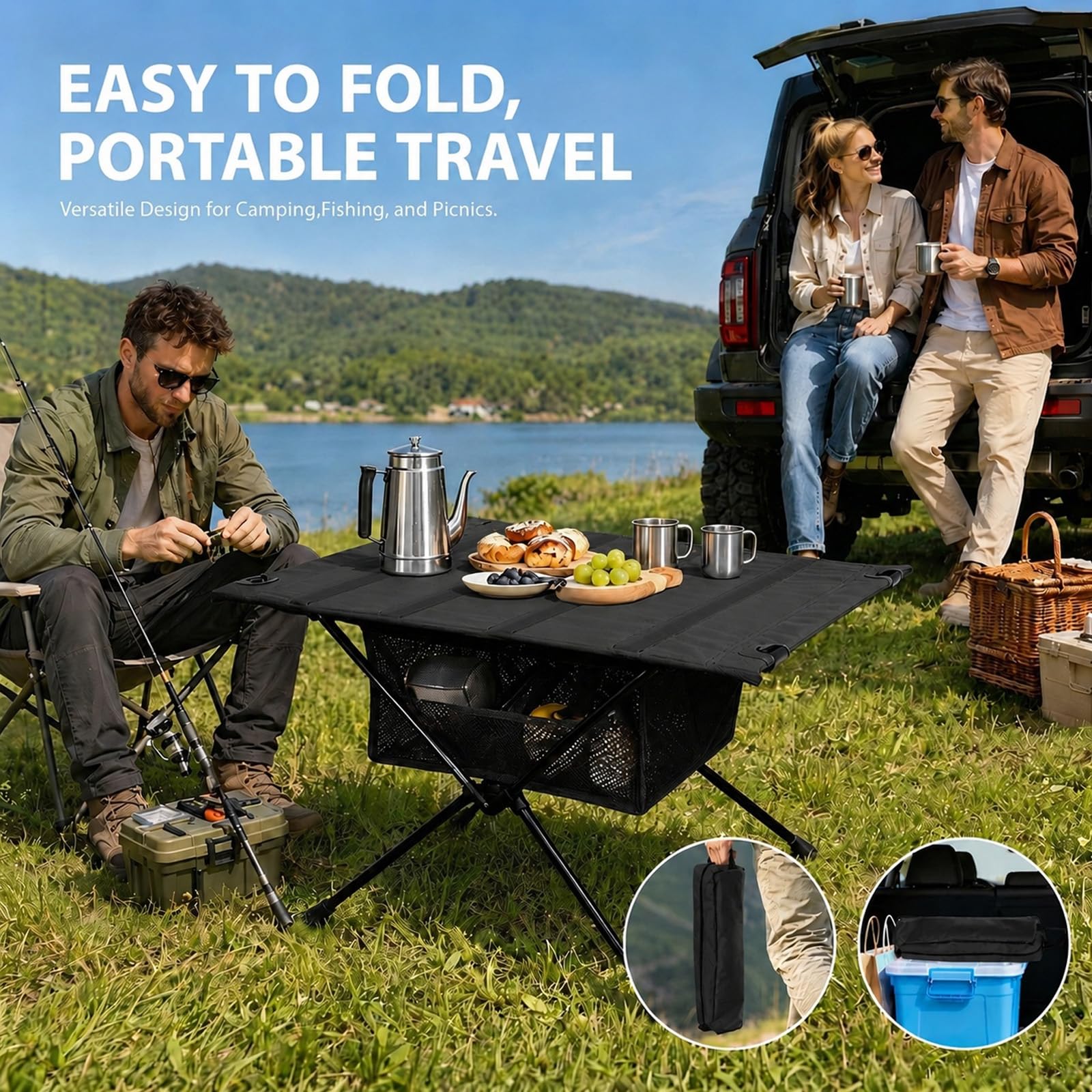 Tavolo da campeggio pieghevole, in alluminio, leggero, per picnic, feste, giardino, escursioni, viaggi, con borsa per il trasporto, nero