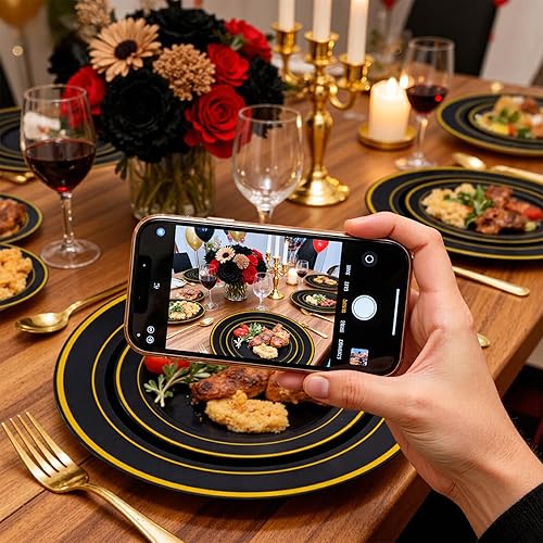 Miniatura 4 de Platos y tenedores plásticos para postre de brillantina dorada para invitados, platos para postre desechables de 6.5 pulgadas y tenedores pequeños,