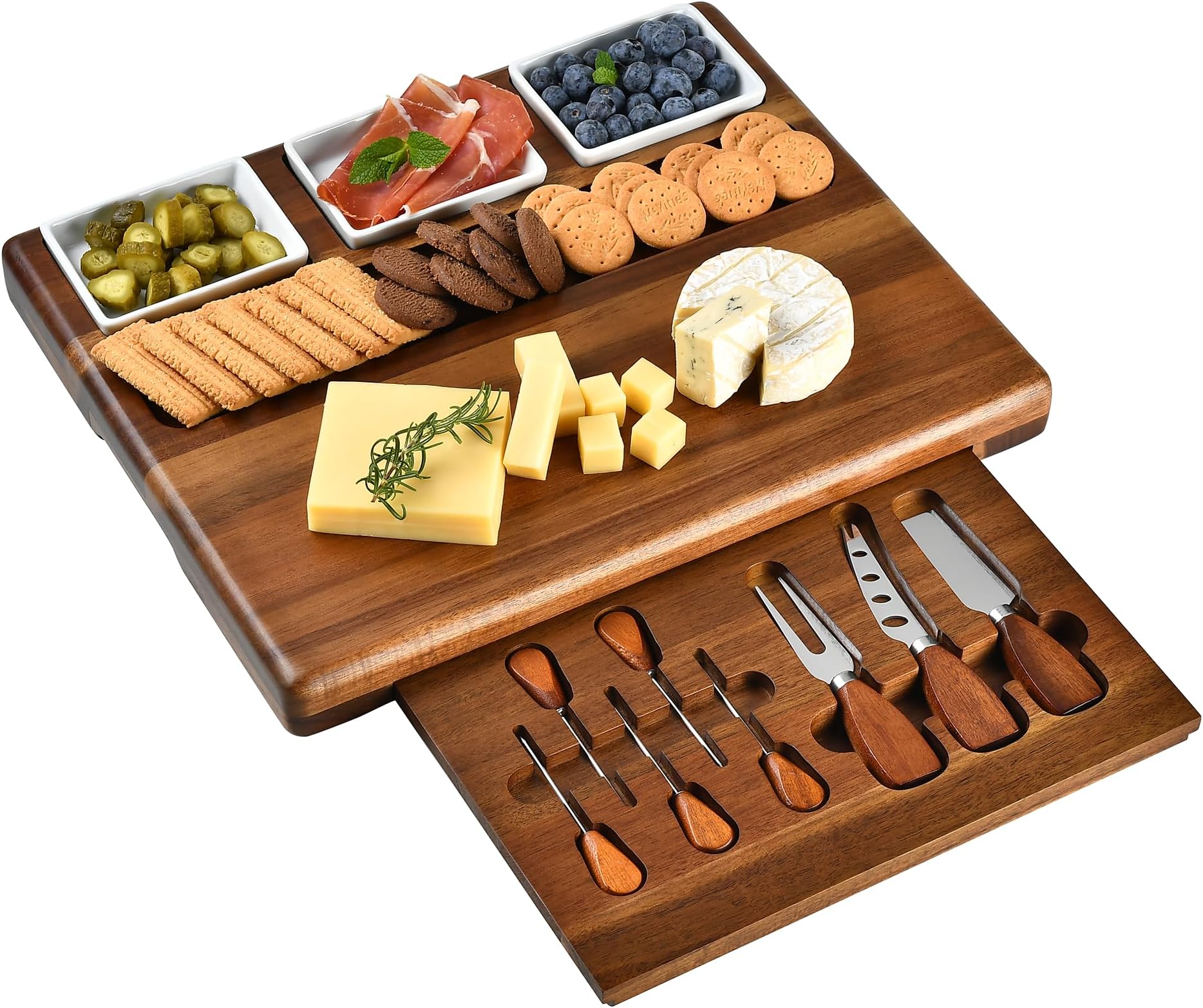 Shanik Large Acacia Wood Charcuterie Board Set with 3 Removable Ceramic Bowls & Serving Utensils - Housewarming, Wedding, Bridal Shower, Home and Kitchen, New Home Gift Ideas for Women, Gifts