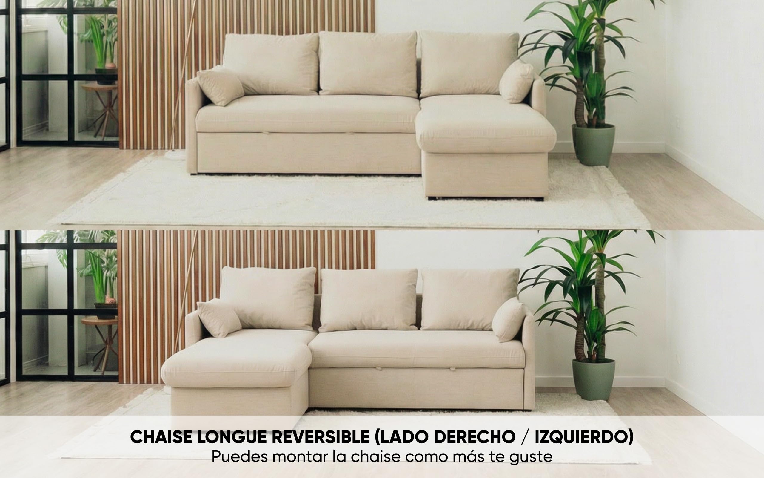 BUDWING Orlando Hogar Sofá Cama 3 Plazas Chaise Longue Esquinero Reversible Izquierda o Derecha con Arcón Tapizado Tela Beige Sofá de Salon Decoración de Hogar Cojines y Tapicería 221 x 162 x 90