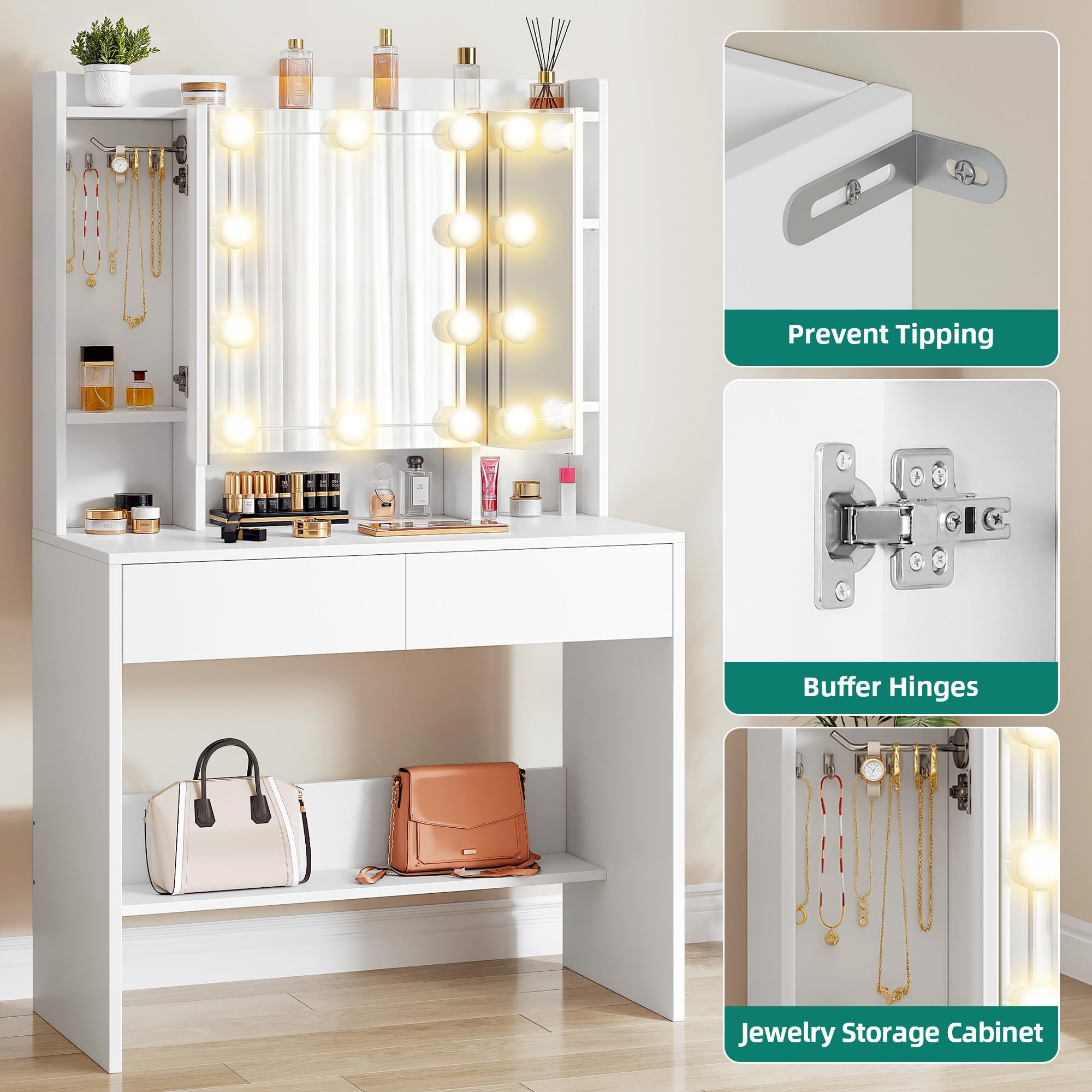 Toeletta Da Trucco WOLTU Con Luci LED - Specchio Hollywood 10 Luci | Tavolo Make-up Con Mensole E Cassetti - Foto 6