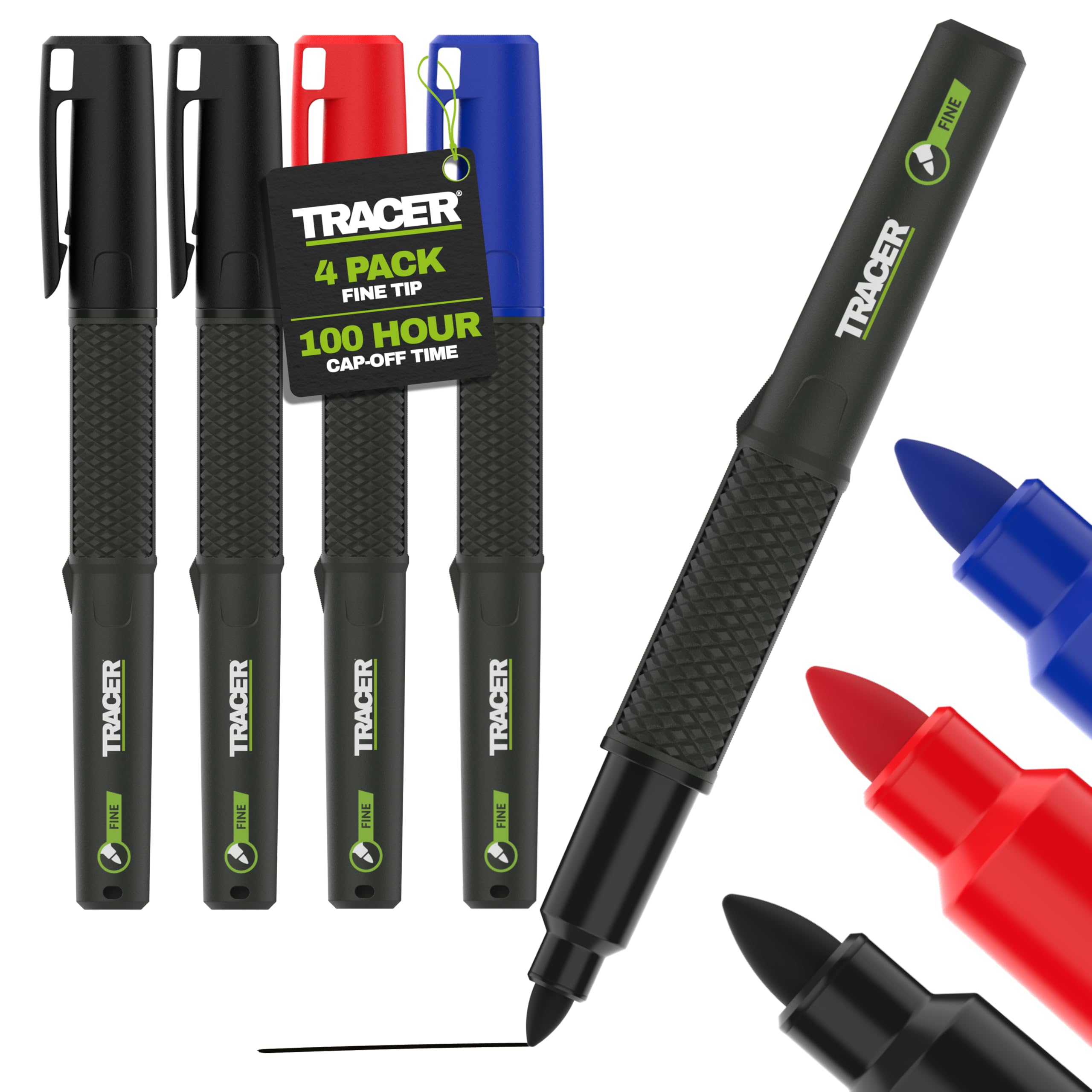 Tracer 2.0 Fine Tip Permanent Marker Pens x4 โ Black, Blue & Red