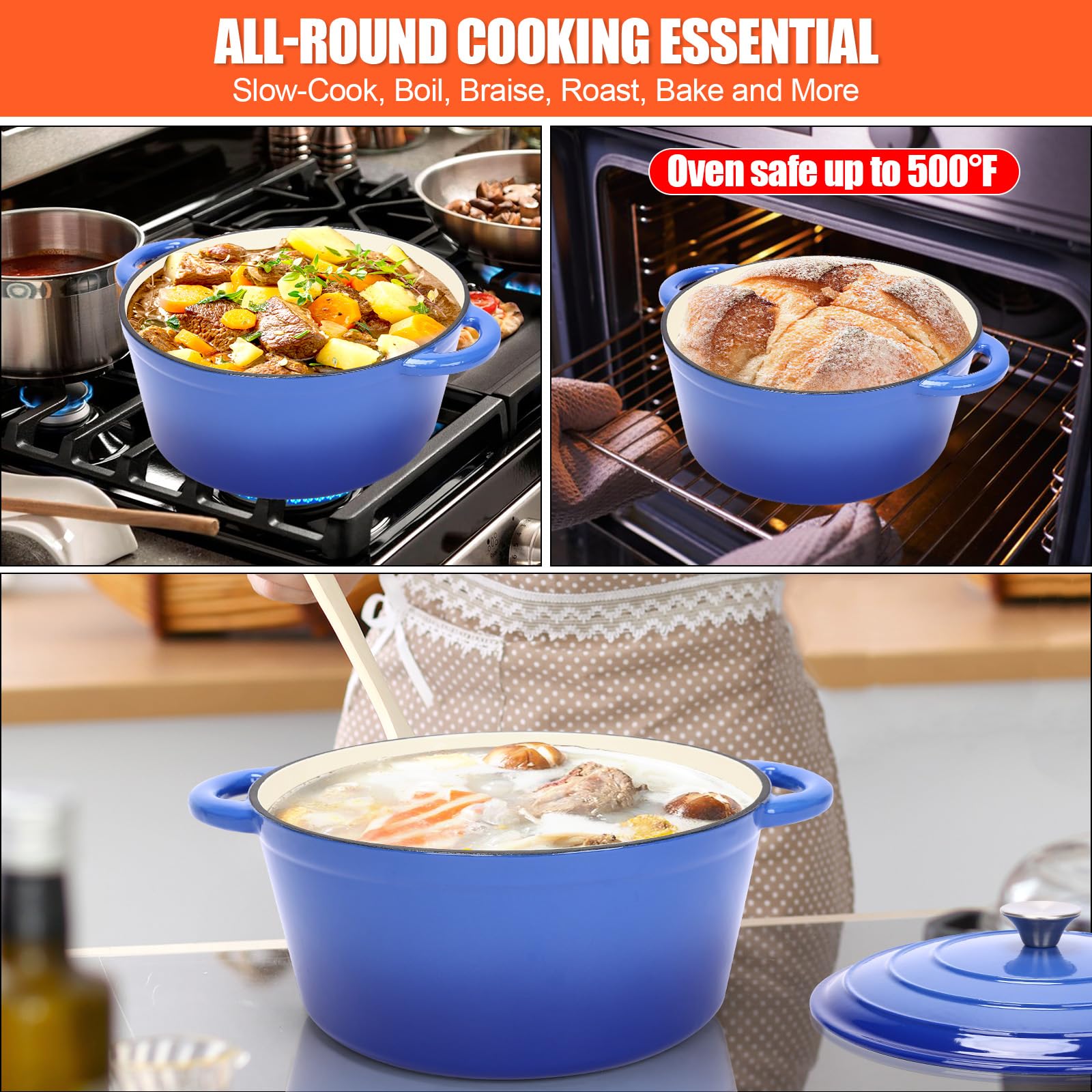 Żeliwny garnek do pieczenia chleba, żeliwny garnek z pokrywką, Dutch Oven garnek do pieczenia chleba z koszem fermentacyjnym, mikserem do ciasta, forma do duszenia, smażenia, zakwasu, zestaw startowy