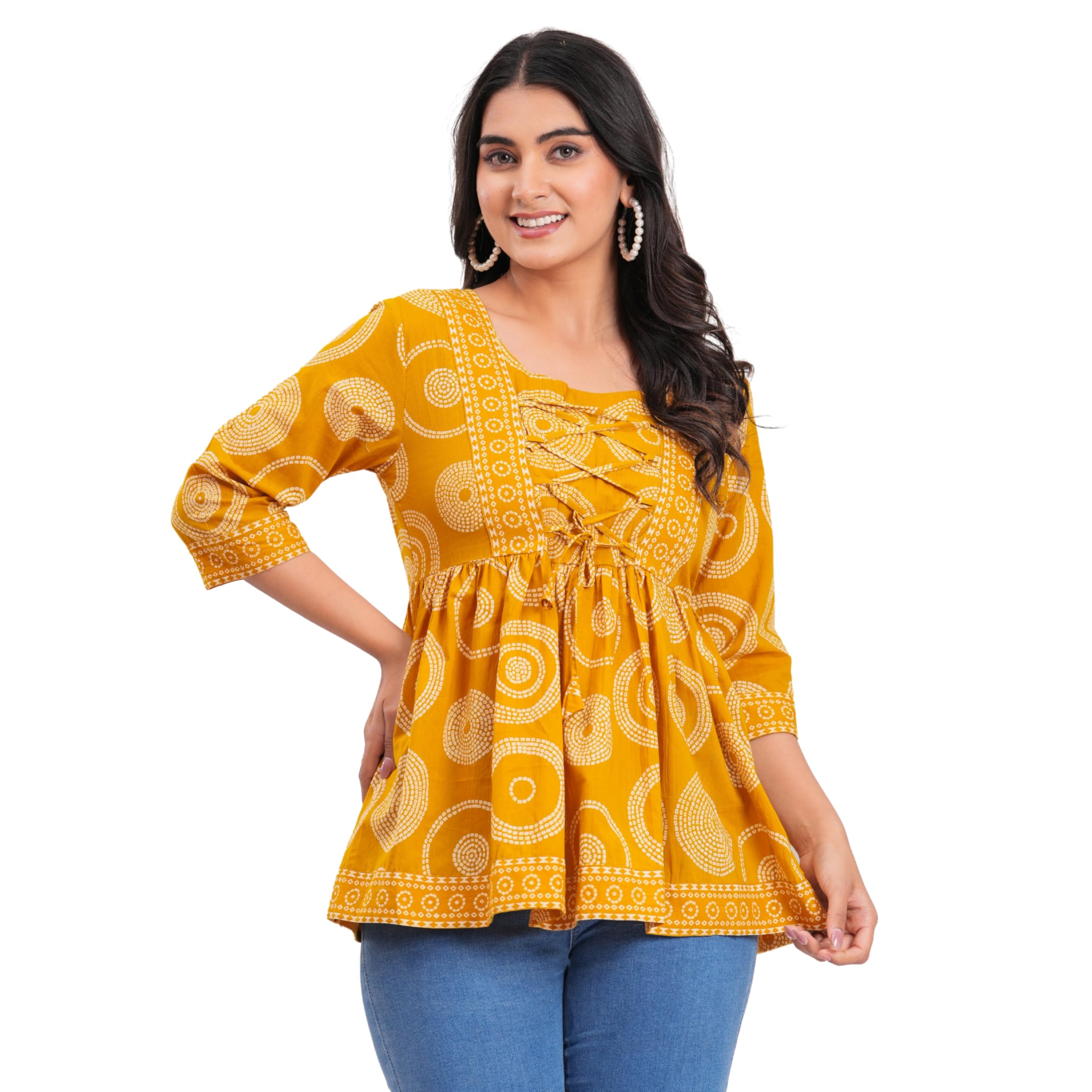 threadflix Women Bandhej Print Cotton Top Mustard Yellow, 3/4 Sleeves | Traditional Design | Soft & Breathable Fabric | Casual Tunic Shirt-picture-10