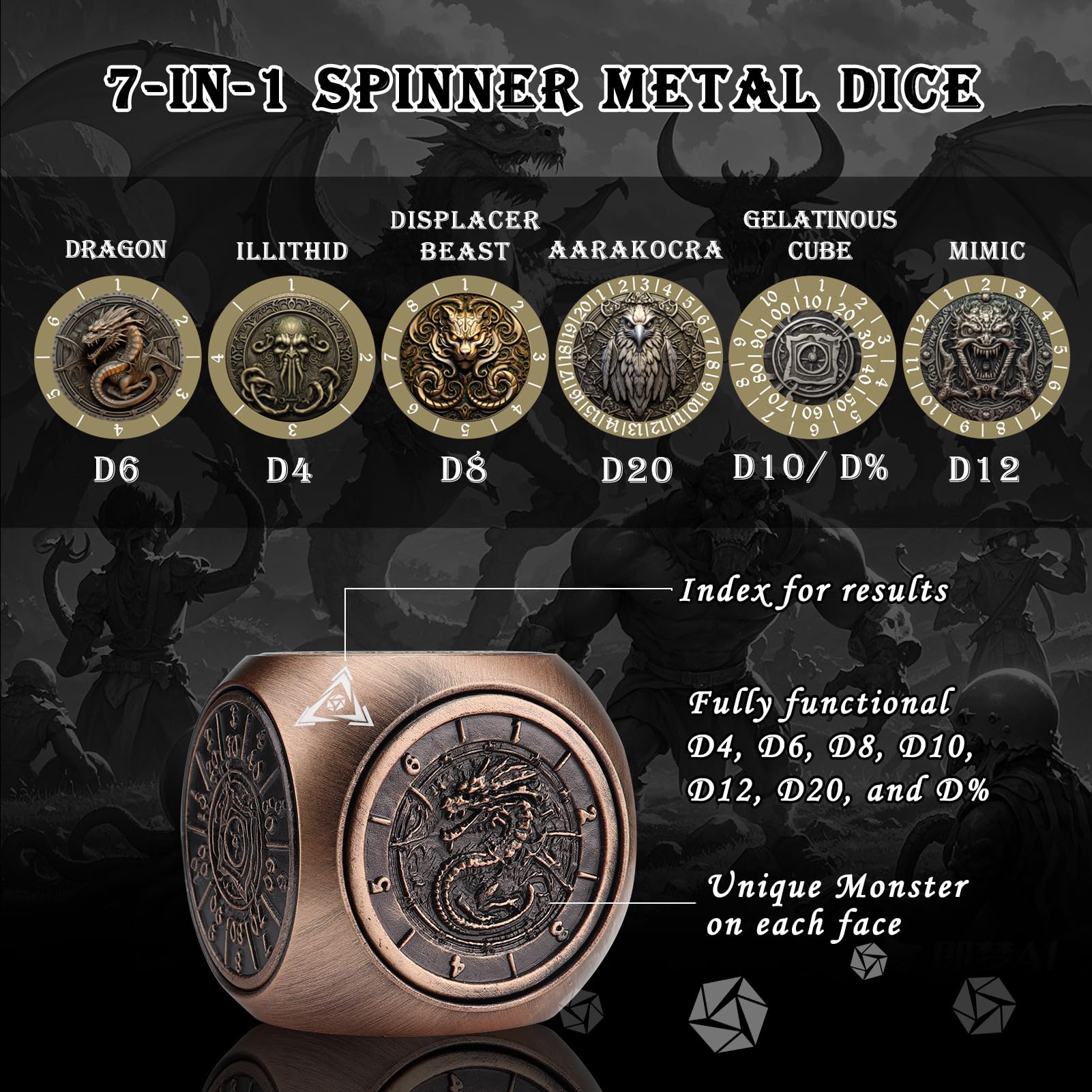 Haxtec Spinner dice 7-in-1 Metal DND Dice Set Unique Spinner Goblins Metal D&D Die for Dungeons and Dragons DND Gifts - Image 2