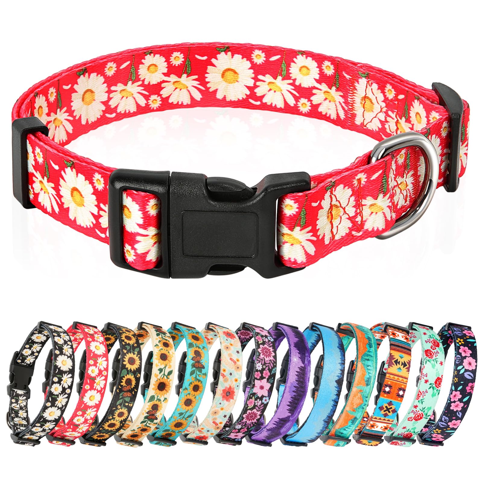HEELE Collar para Perros con Hebilla de Liberación Rápida, Cómodos, Ajustable, Lindos Patrones, Floral Collar para Perro Pequeño Mediano Grande, Margarita Rojo, M