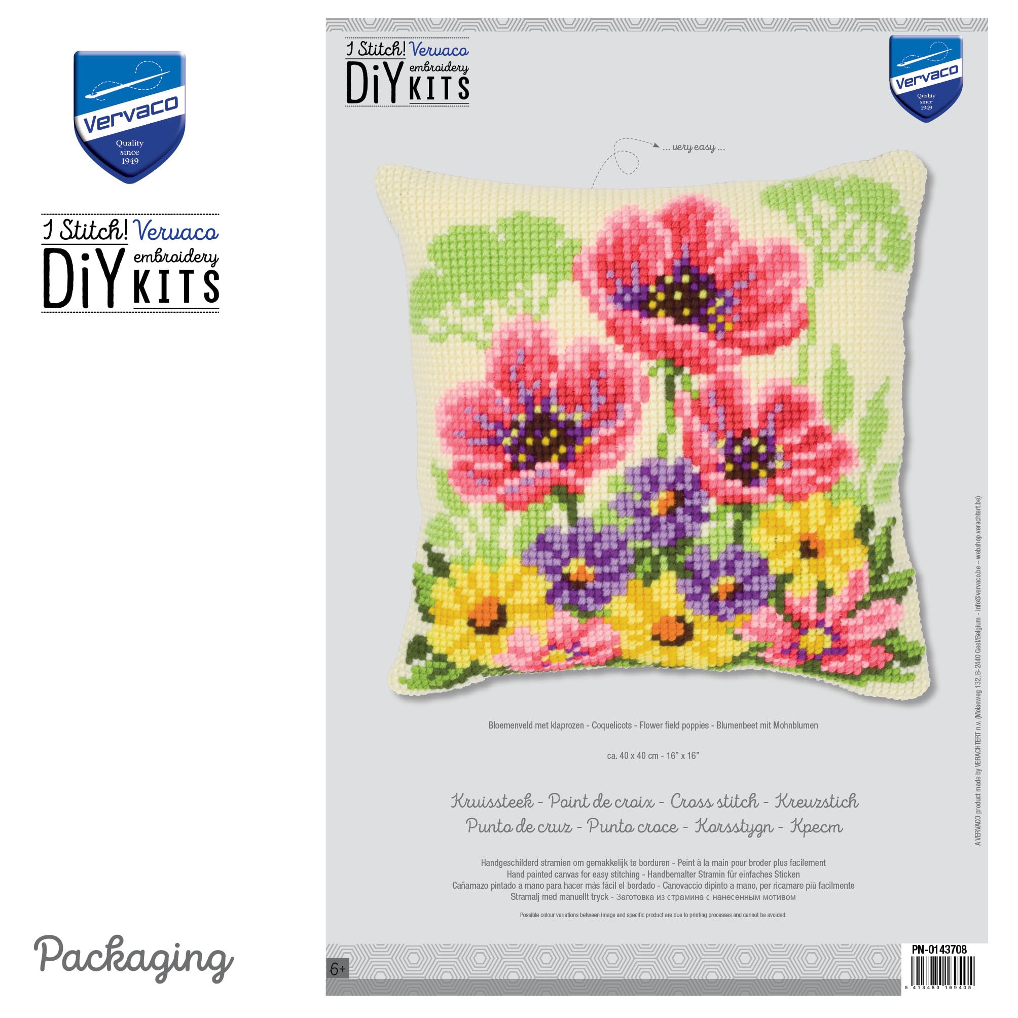 VERVACO Borduurpakket Kussen Kruissteek KLAPROZENVELD Voorbedrukt Handwerkpakket voor Sierkussen 40 x 40 cm Zelf Maken Knutselen voor Volwassenen Woondecoratie DIY Cross Stitch Kit