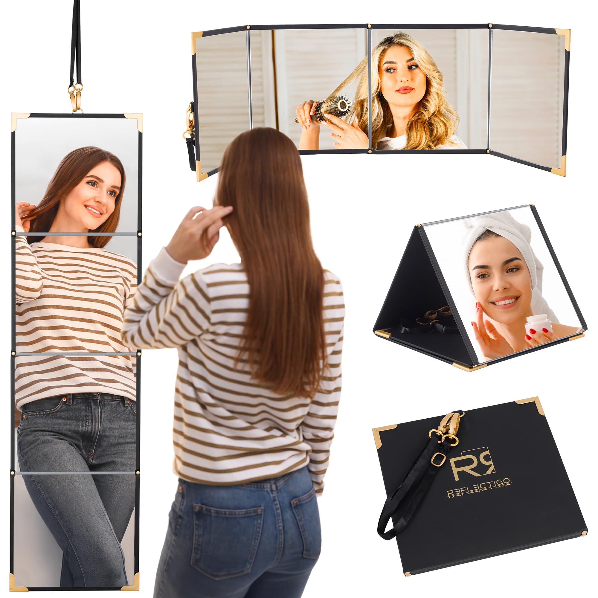 Foldable Full Length Travel Makeup Mirror - Shatterproof & Portable Mirror in 3 Way - Pyramid, Vanity, Full Length - Folding Full Length Hanging Mirror Espejo for Outfit, Hair & Makeup