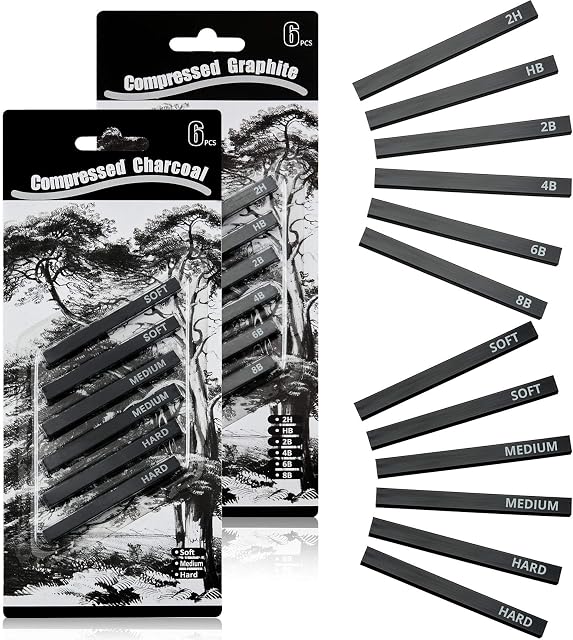 12 Pieces Graphite Material Sticks Square Compressed Charcoal Sticks Drawing Pencils Set for DIY Drawing Crafts, Sketching, Shading, Beginners and Artists