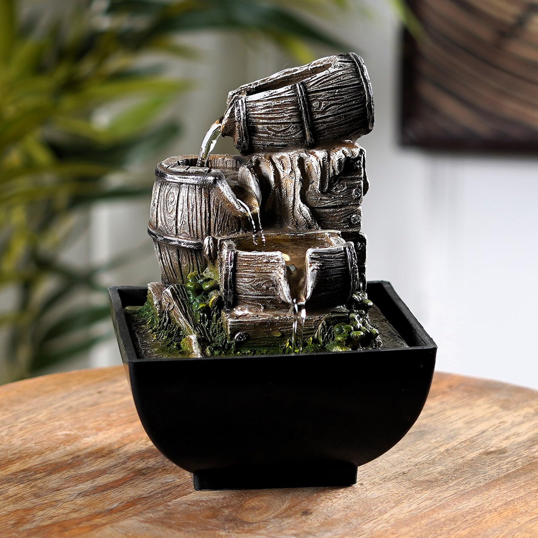 The Artment your artistic apartment Wooden Spill Tabletop Fountain – Rustic LED Indoor Water Feature with Barrel Design, Resin Build, USB/Adapter Powered, Tranquil Home or Office Décor Accent-picture-10
