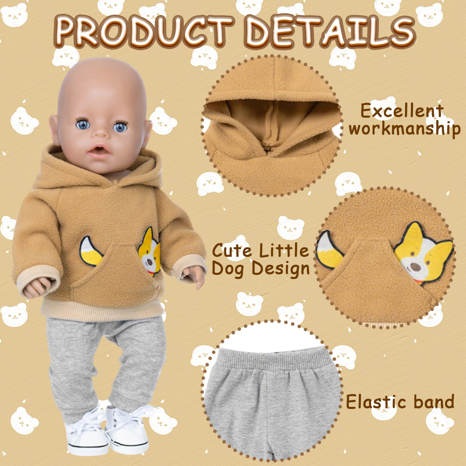 Set Vestiti Per Bambole 30-45 Cm: Felpa Con Cappuccio Con Stampa Cucciolo, Pantaloni, Calzini E Appendino, Regalo Per Bambini