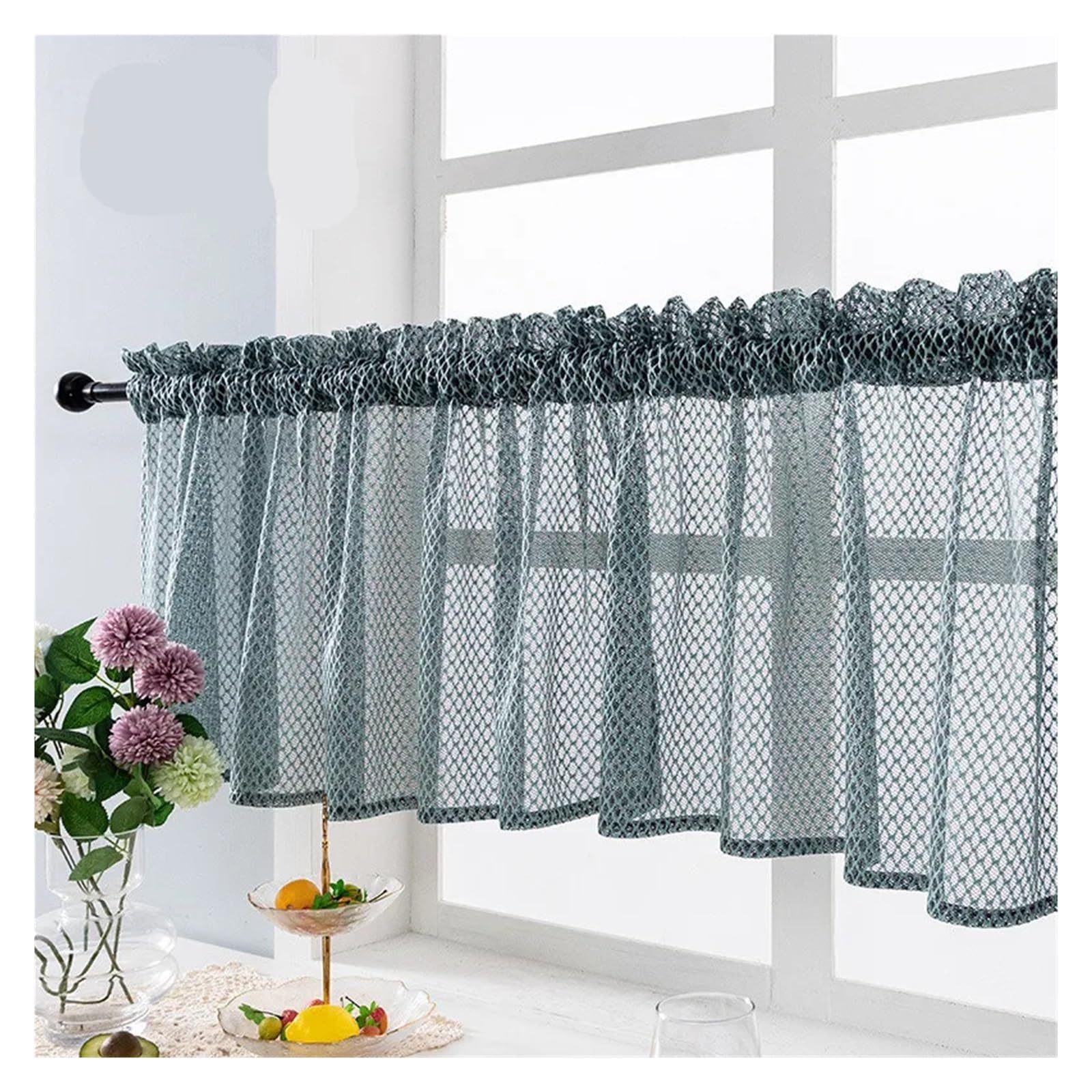 DJSKLDF Short Curtains Pastoral Style Small Fresh Kitchen Coffee Curtain Pole Blue Lace Short Finished Product(Green,ROD POCKET_W137XH90CM)