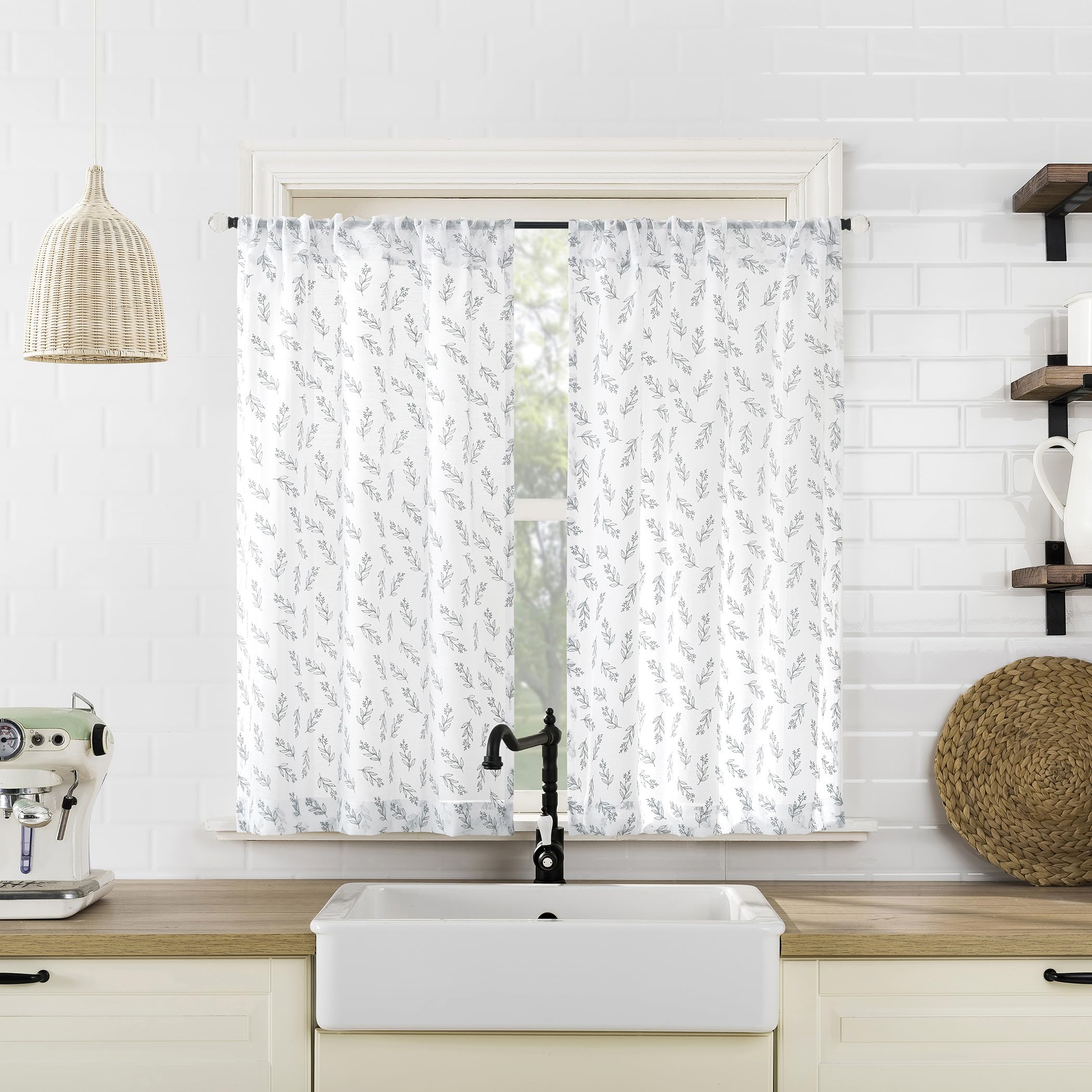 No. 918 Hutton 2-Pack Floral Leaf Sheer Rod Pocket Kitchen Curtain Tier Pair, Chambray Blue, 52" W x 36" L (2 Panels)