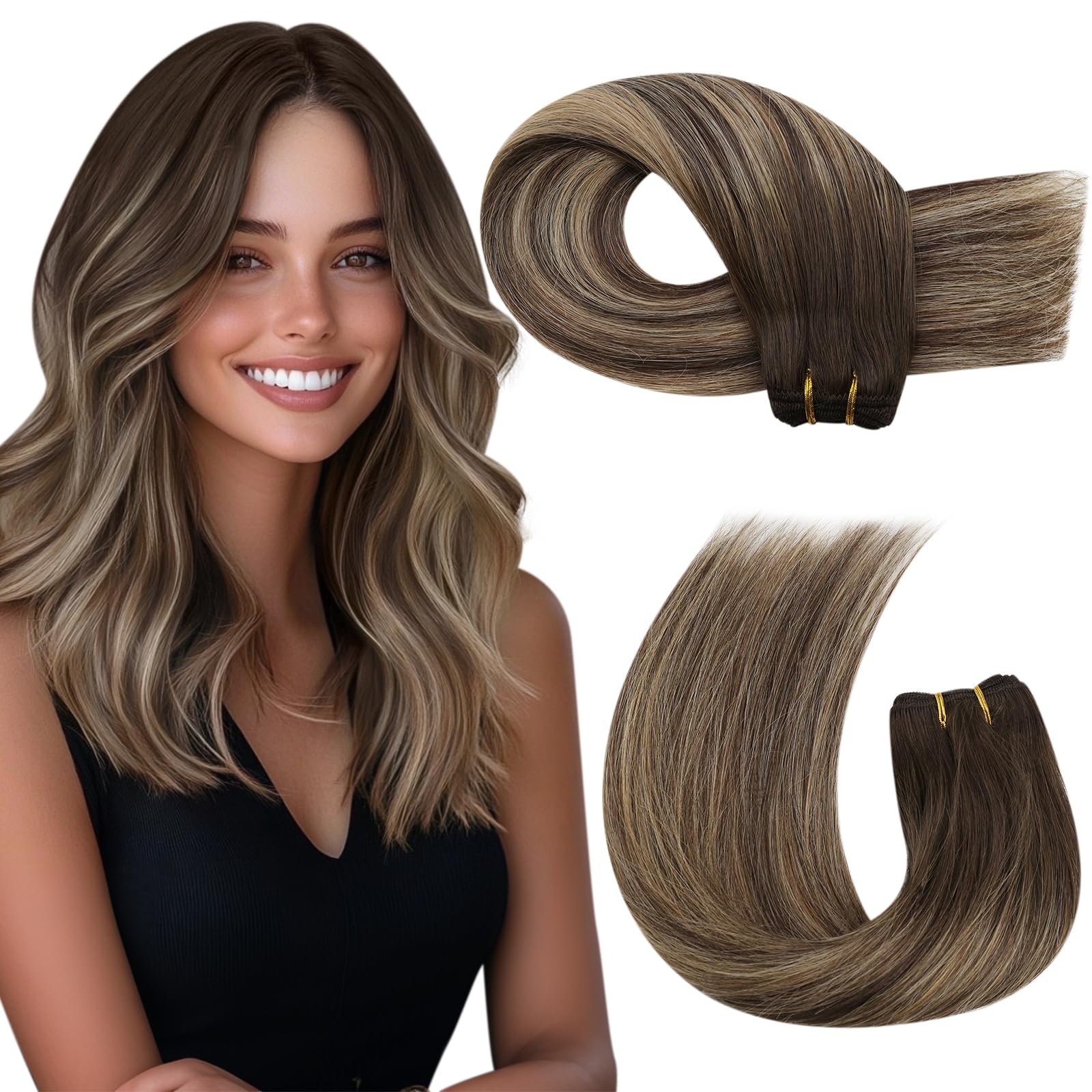 Moresoo Balayage Human Hair Extensions Weft 20 Inch 100G Double Weft Sew in Hair Extensions Remy Hair Brown Ombre to Caramel Blonde #4/27/4
