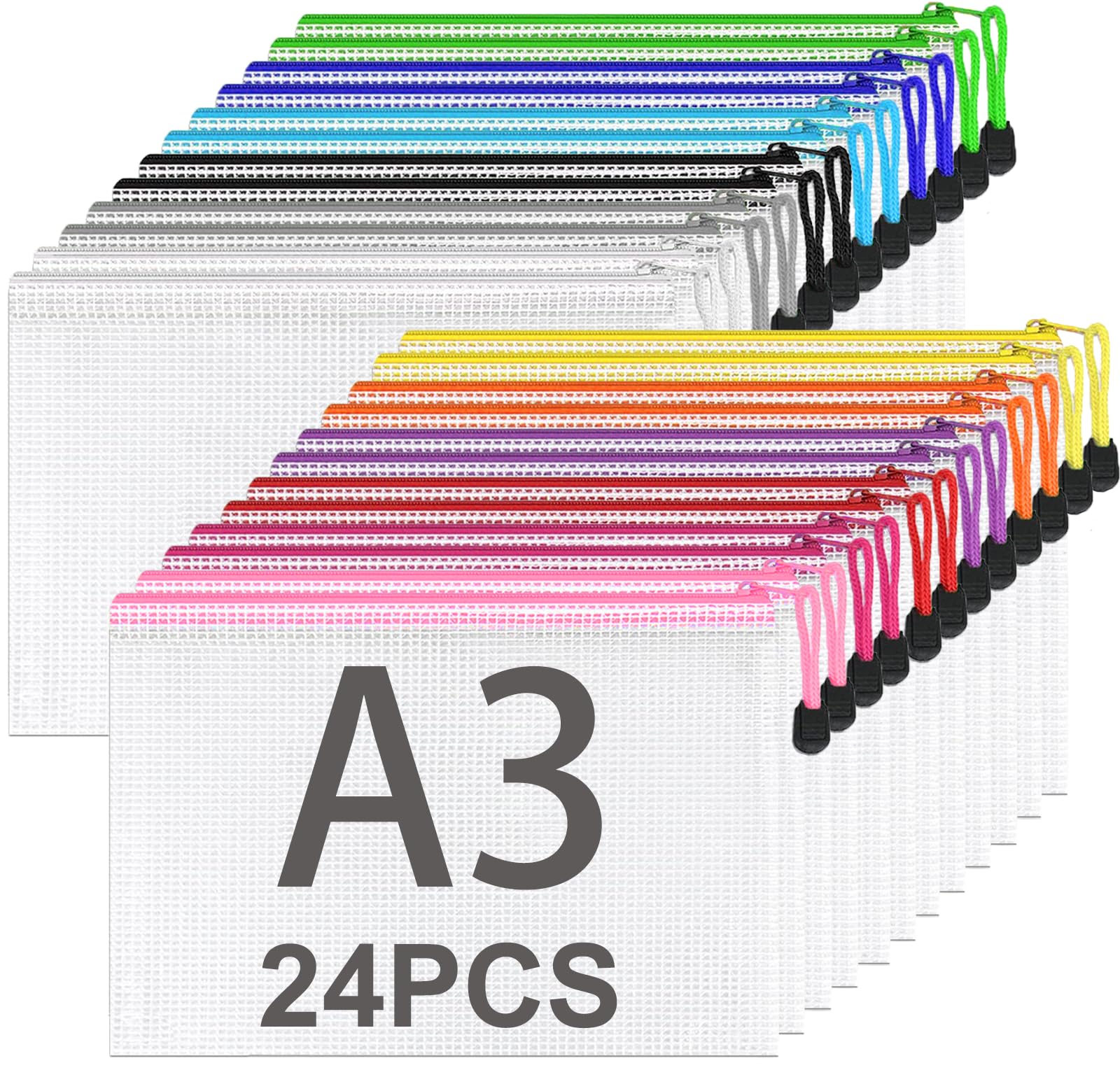 ASelected 40PCS Pochette Document, Pochette Zip Chemise PVC Mesh (12Couleur, A3)
