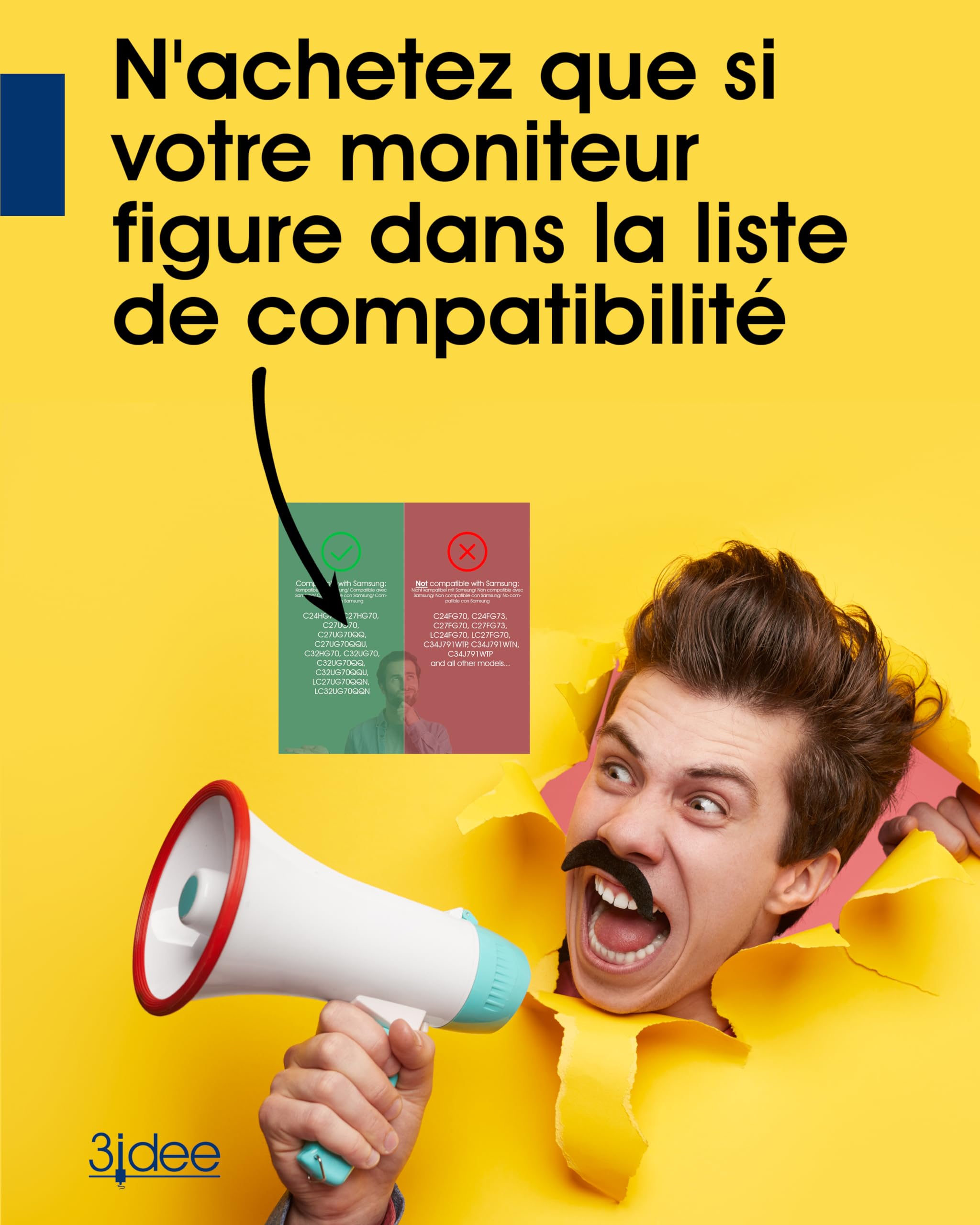 3IDEE Adaptateur VESA Compatible avec Moniteur Samsung (C27HG70, C27UG70, C27UG70QQ, C27UG70QQU, C32HG70 & Plus) - Support VESA 75x75 mm - Support ecran VESA pour Les écrans sans Connexion VESA