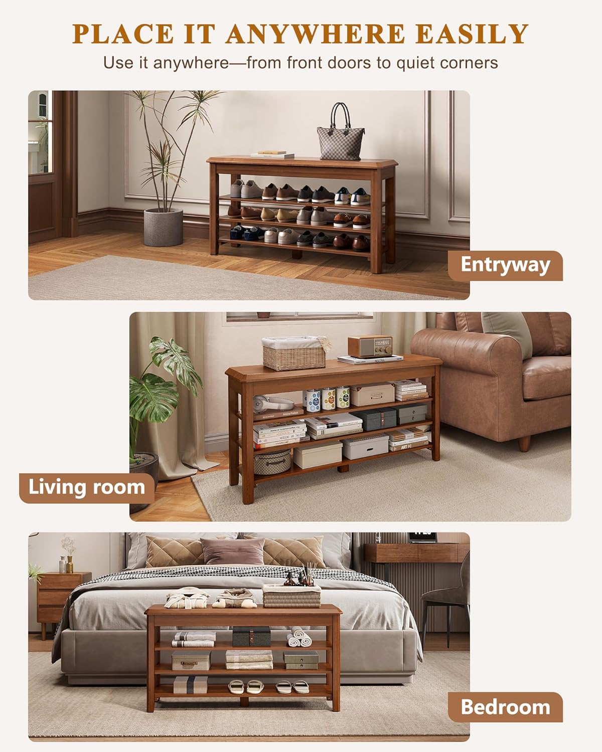 Shoe Rack Bench Seat Rubberwood 3-Tier Wooden Storage Bench 550lbs Compact Mid-Century Modern Design for Entryway, Hallway, Closet, Front Door Entrance, Foyer