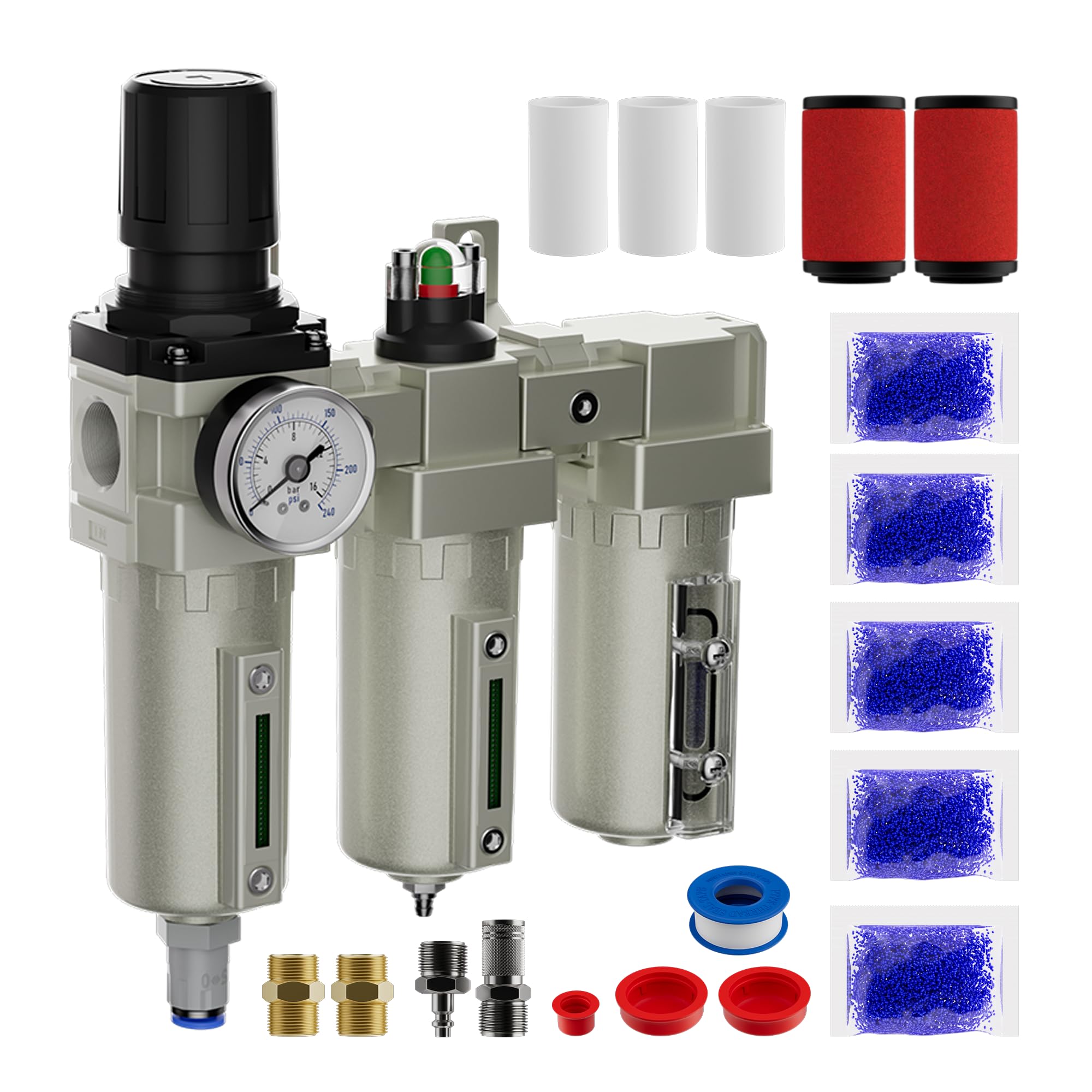 Sistema industrial NPT de 3/4 pulgadas de 3 etapas para compresor de aire, separador de aceite de agua de drenaje automático con regulador de aire, filtro de coalescencia y secador desecante para